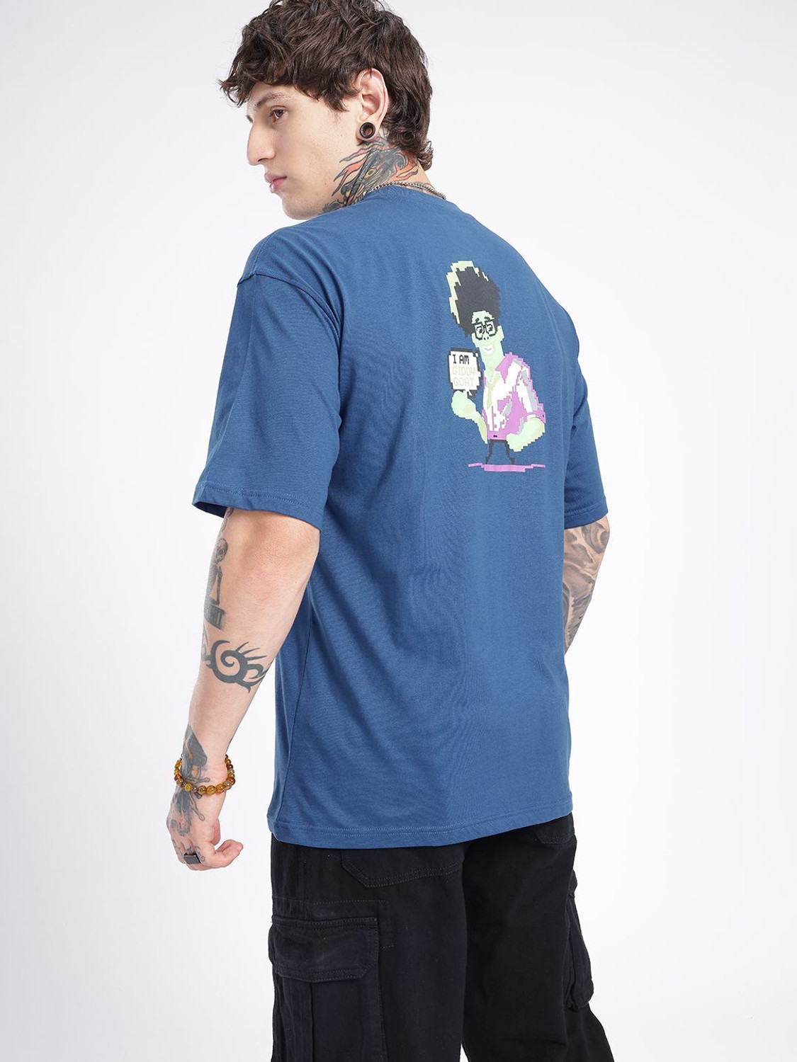 Image of Glitchez Printed Men Round Neck Blue T-Shirt