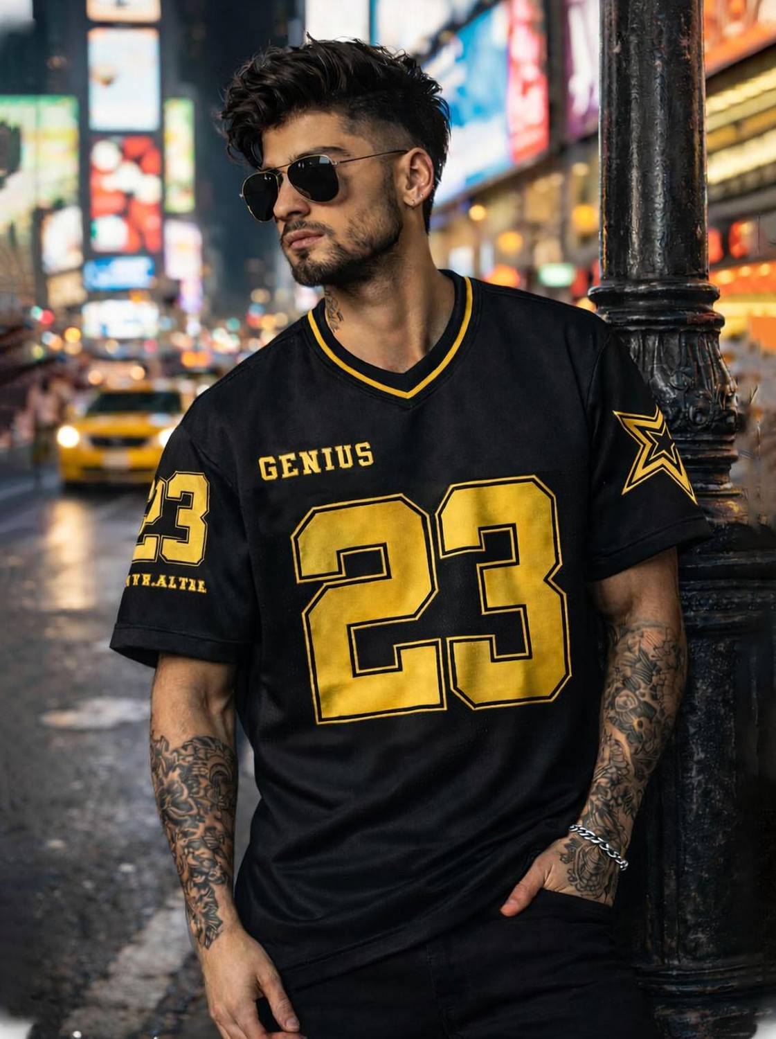 Force Men's Printed V-Neck Cotton Blend Black T-Shirt - Image 1