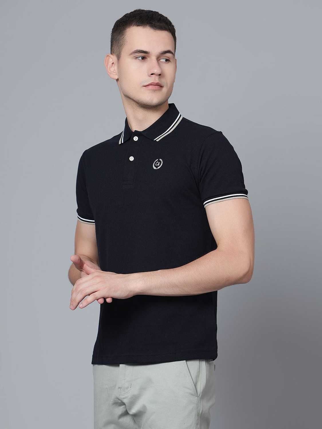 Image of CANTABIL Solid Men Polo Neck Navy Blue T-Shirt