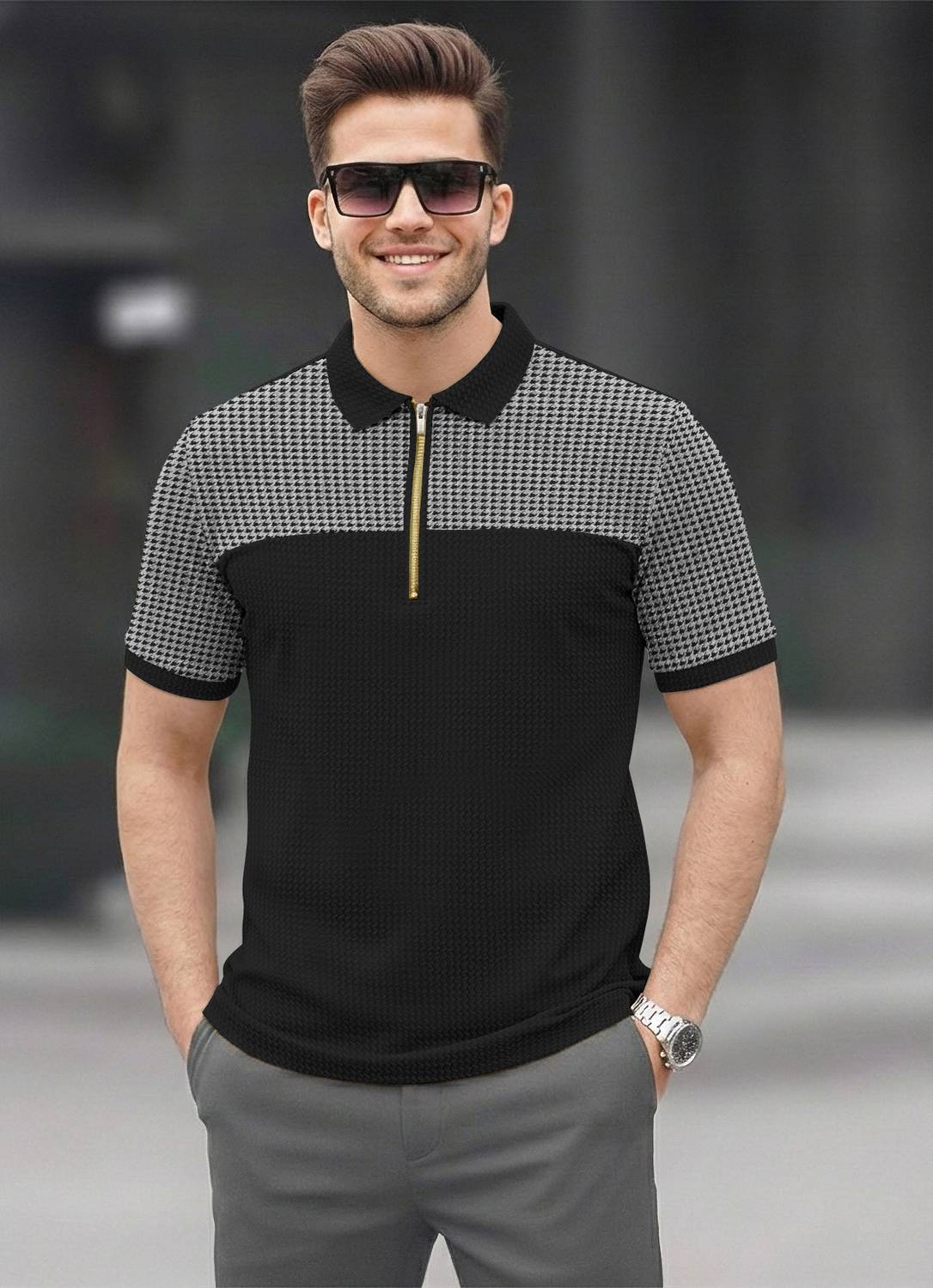 TRIPR Men Printed Polo Neck Cotton Blend Black, Grey T-Shirt