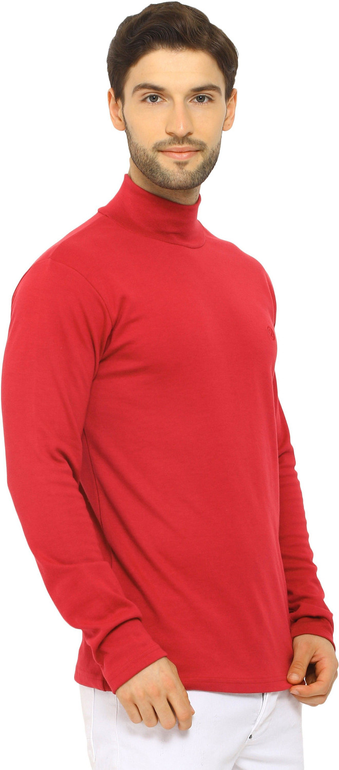 Image of CHKOKKO Solid Men High Neck Red T-Shirt