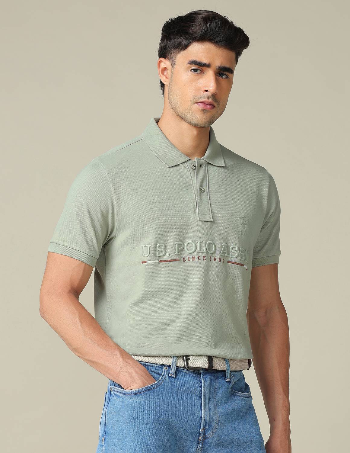 U.S. POLO ASSN. Men Solid, Printed Polo Neck Pure Cotton Light Gr