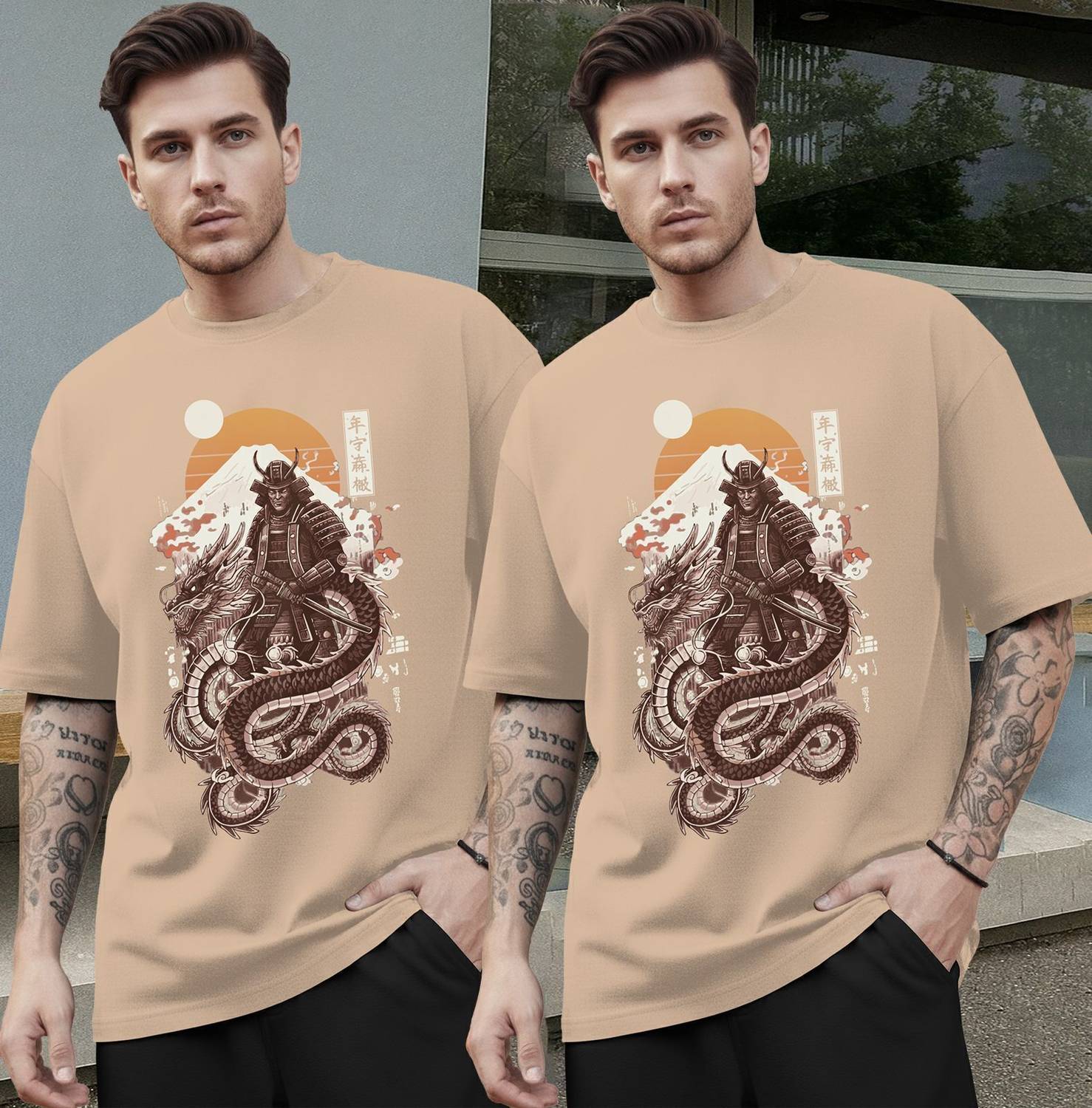 TRIPR Pack of 2 Oversized Men Printed Round Neck Cotton Blend Bei