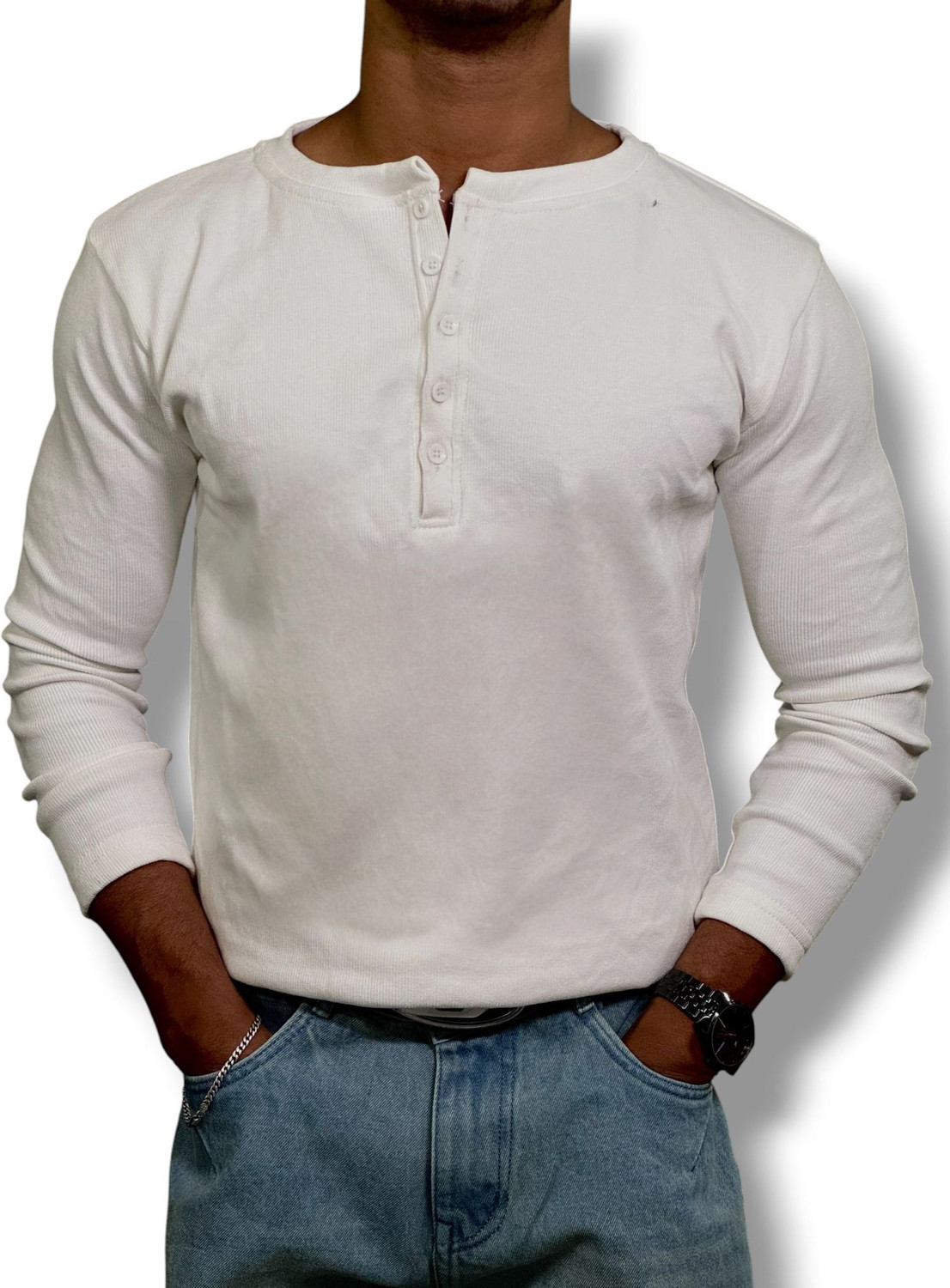 Image of YDWC Solid Men Henley Neck White T-Shirt
