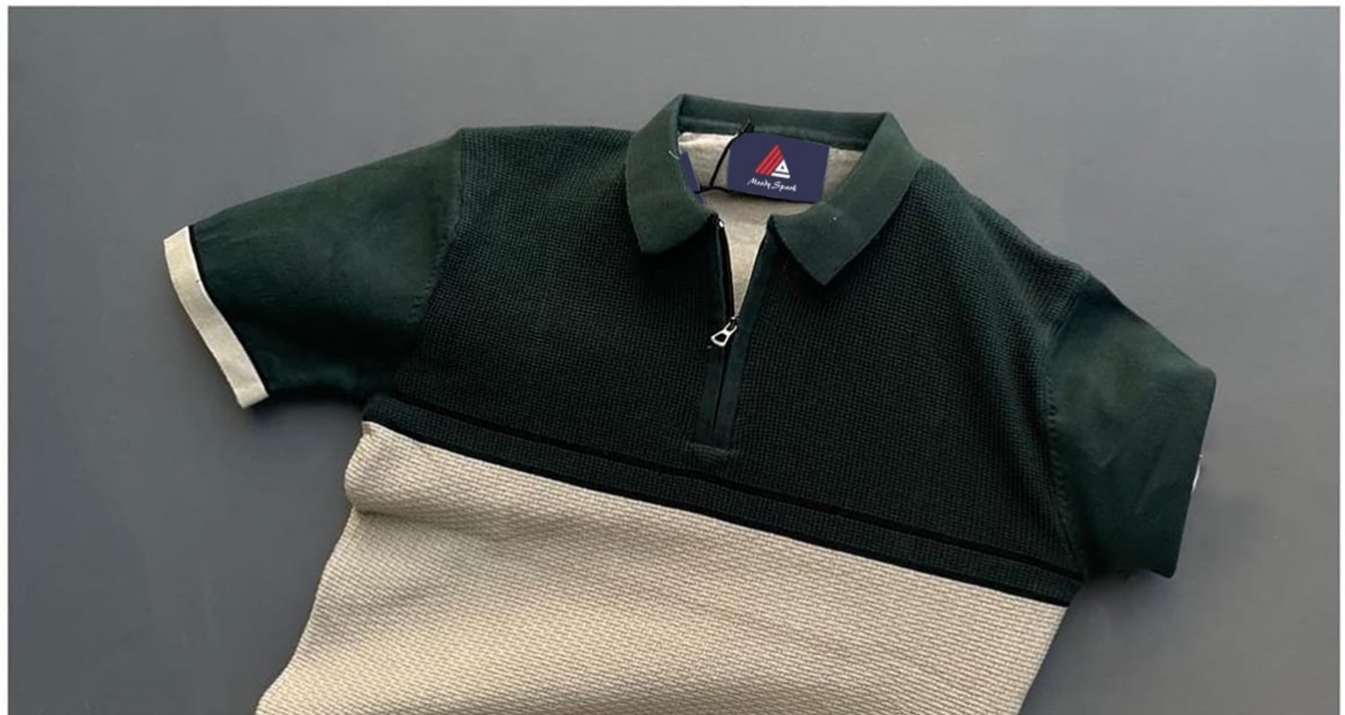 Image of MOODY SPARK Colorblock, Self Design Men Polo Neck Dark Green, Beige T-Shirt