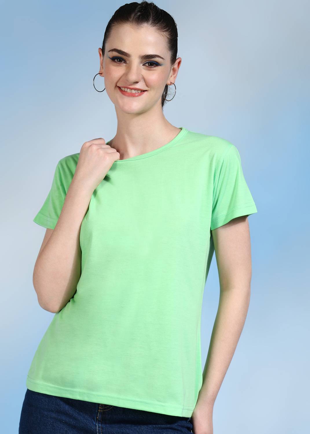 CHOZI Women Solid Round Neck Cotton Blend Dark Green T-Shirt