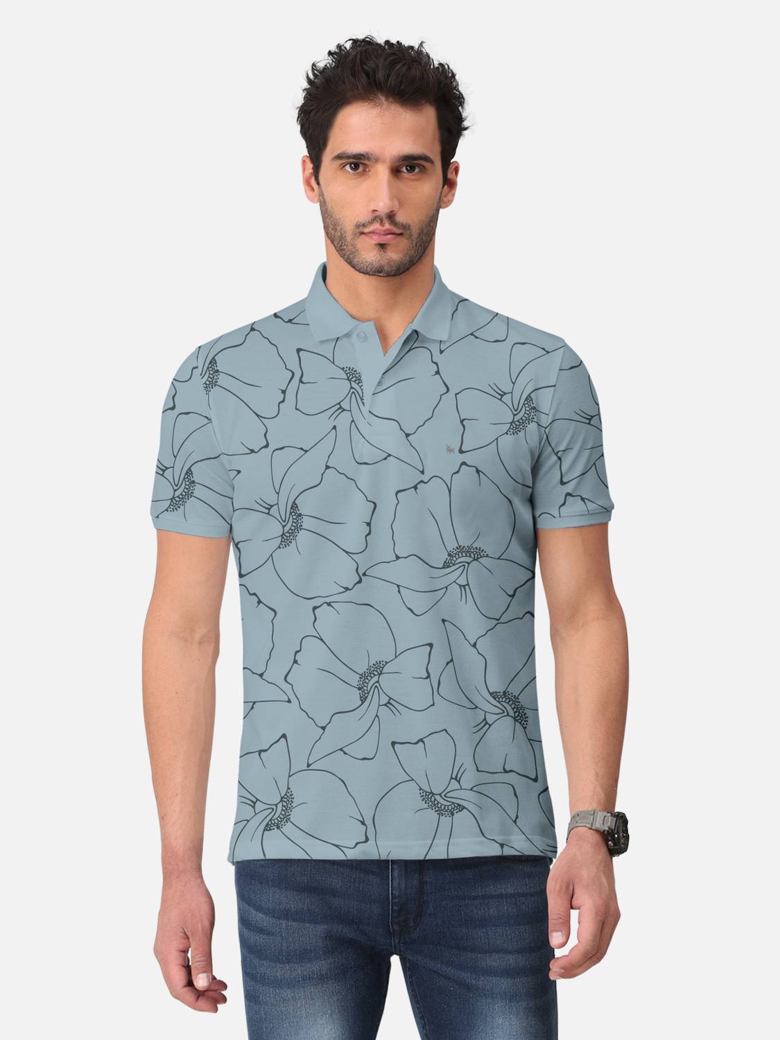 Bullmer Floral Print Men Polo Neck Grey T-Shirt