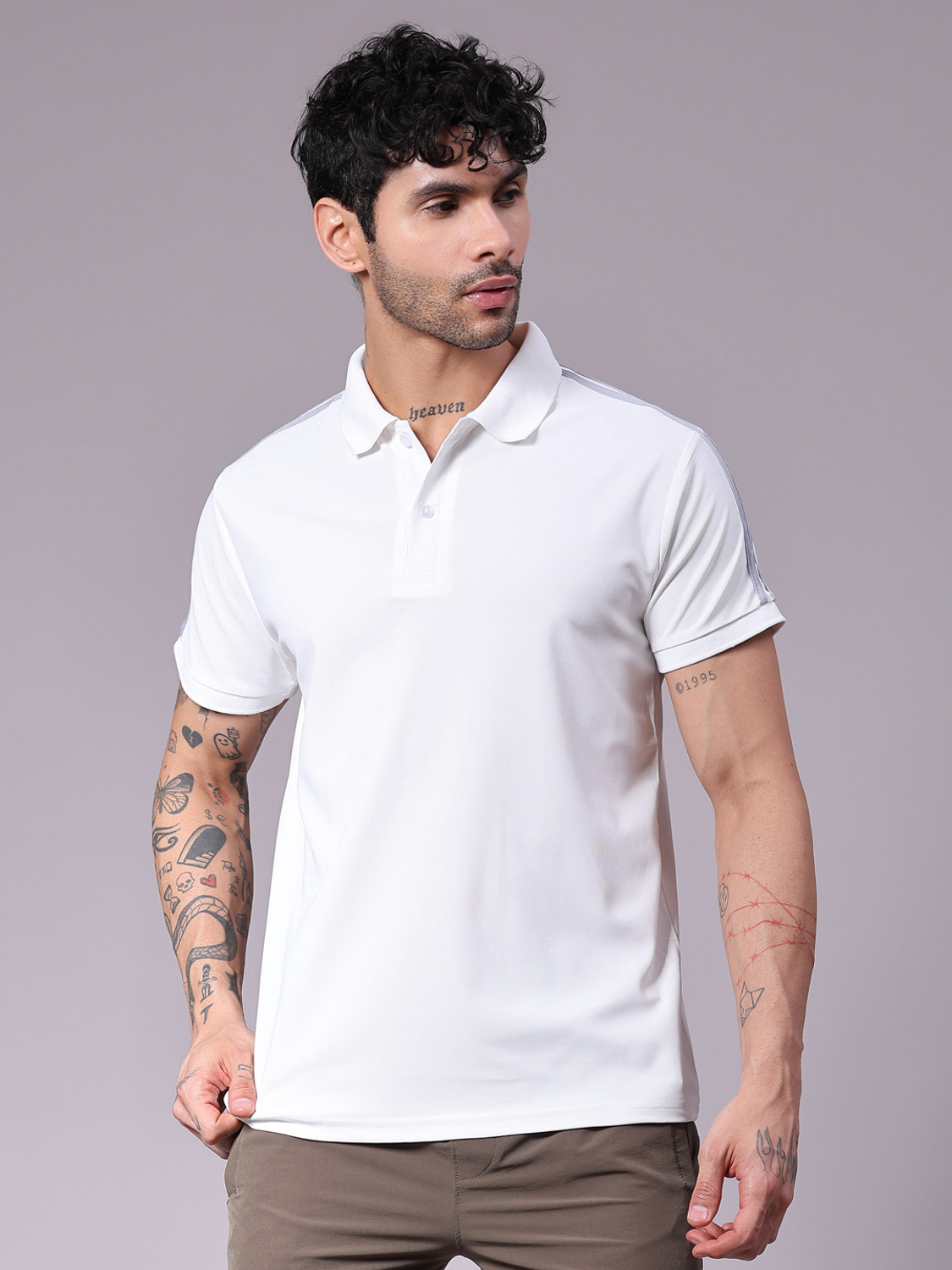 Image of V-MART Solid Men Polo Neck White T-Shirt
