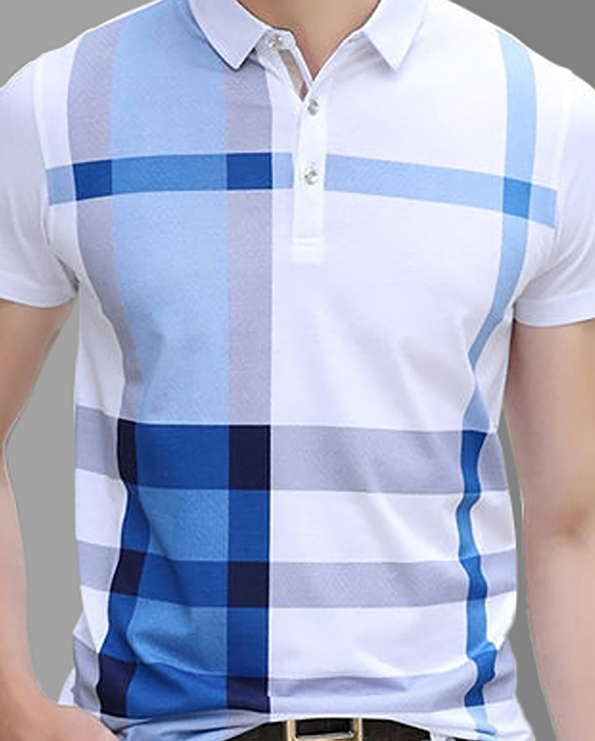 Image of AUSK Men Striped Polo Neck Cotton Blend White, Blue T-Shirt