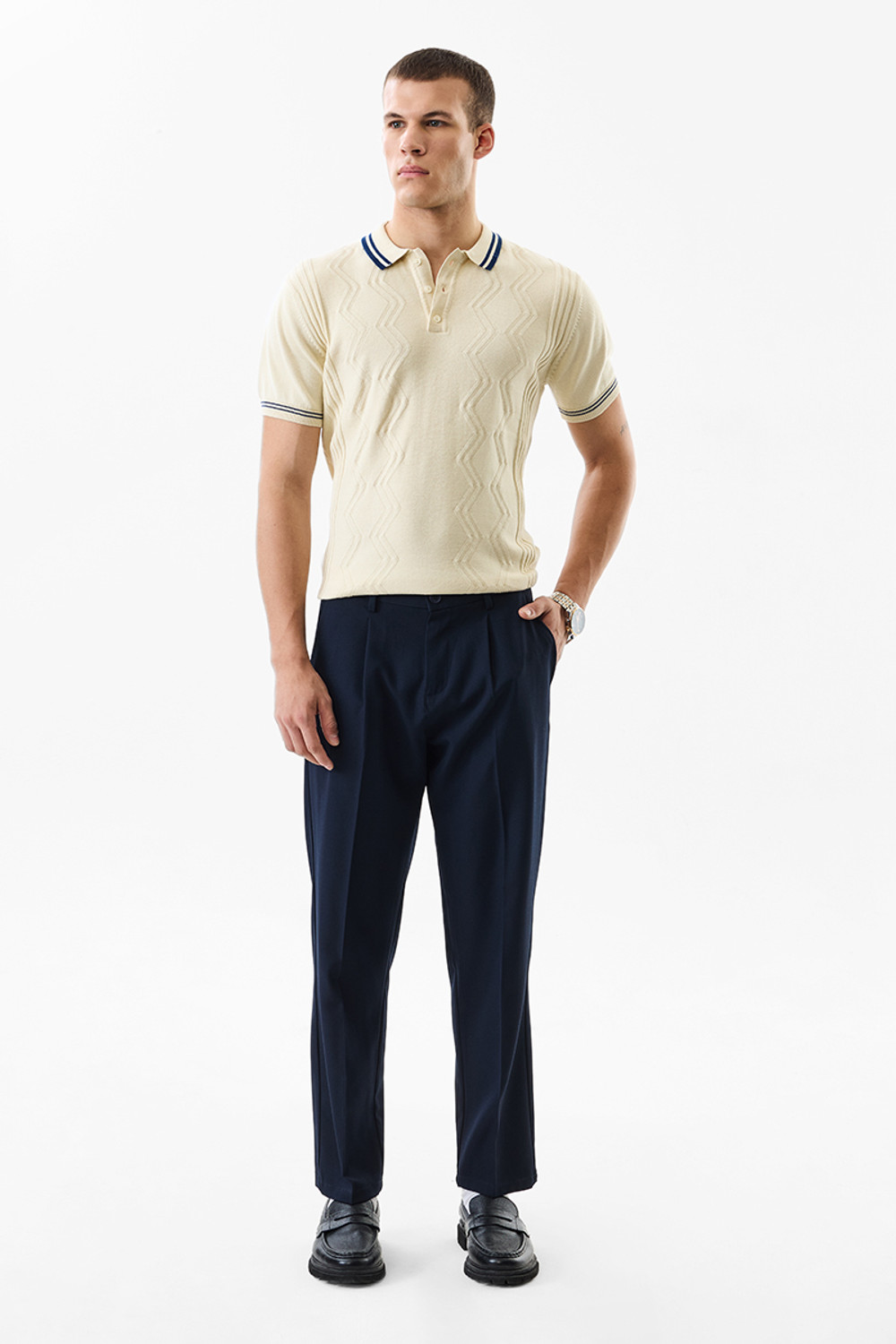 Image of Snitch Chevron /Zig Zag Men Polo Neck Beige T-Shirt