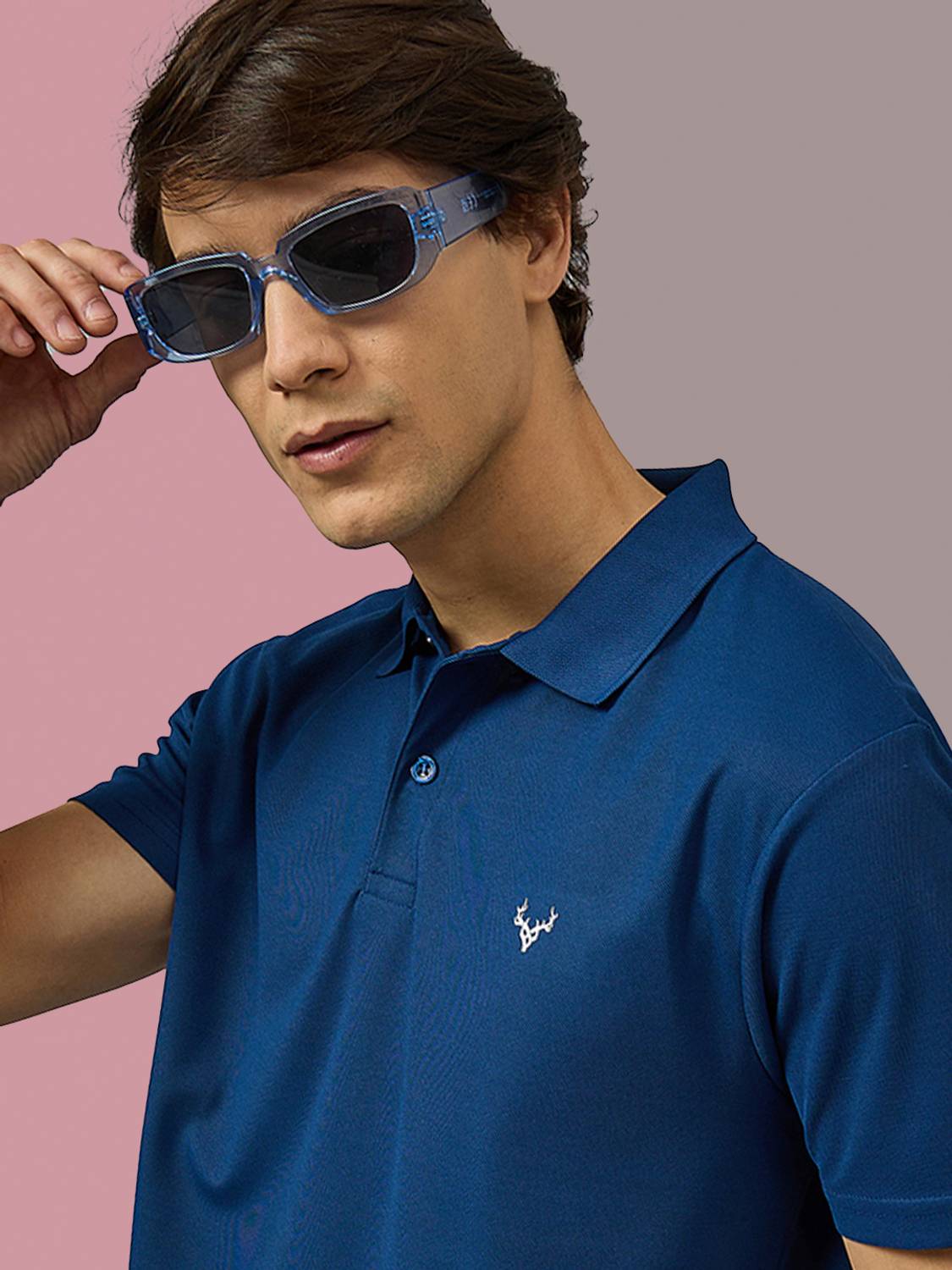 BRONATION Solid Men Polo Neck Dark Blue T-Shirt