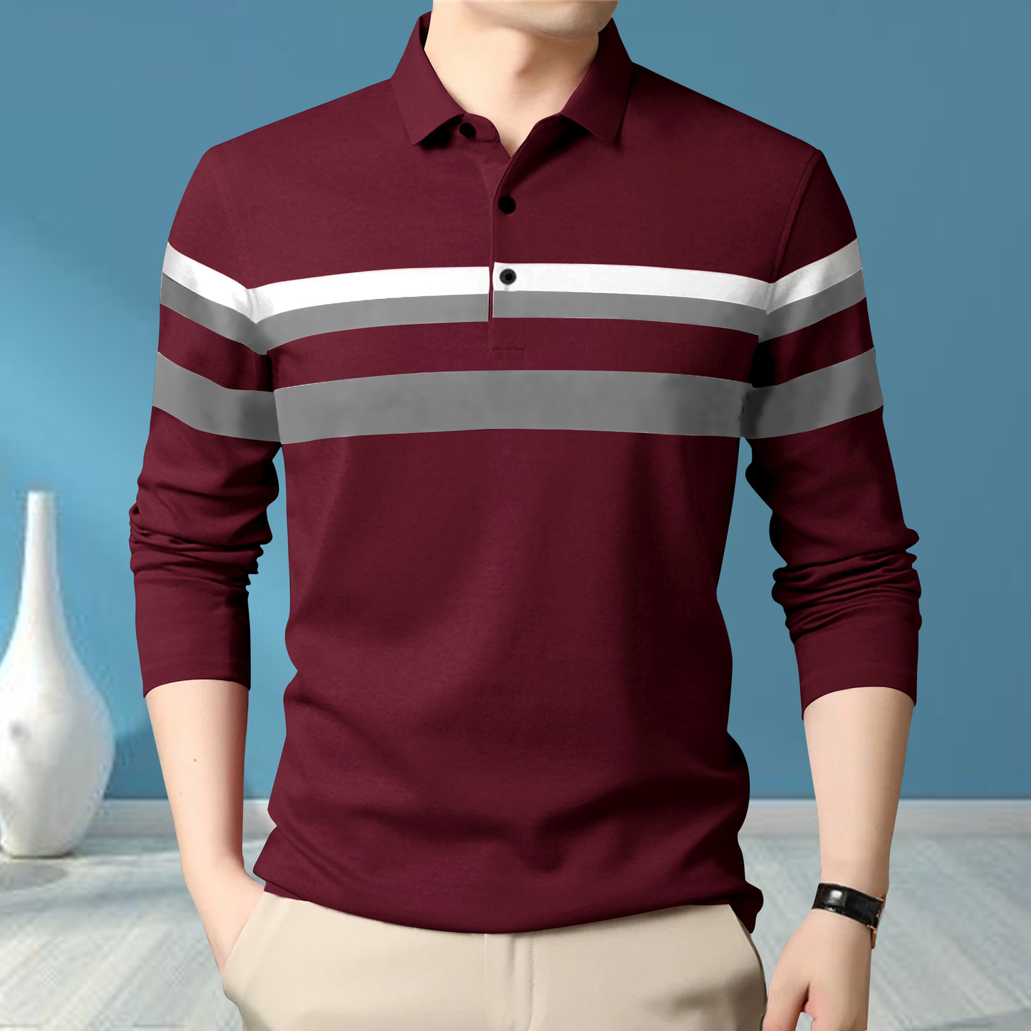 Image of GARBLY Striped Men Polo Neck Black T-Shirt