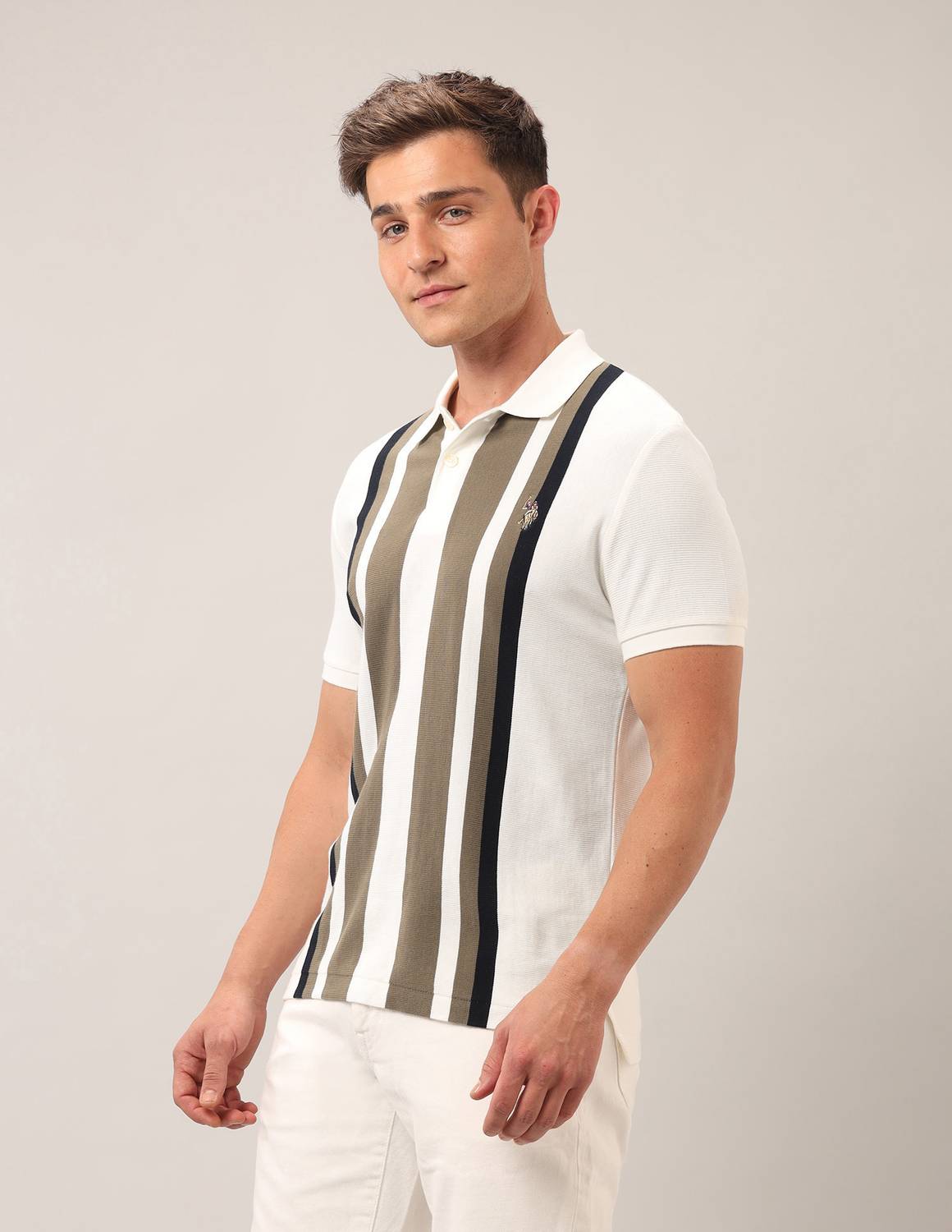 U.S. POLO ASSN. Beige, White Striped Polo Neck T-Shirt - Image 4