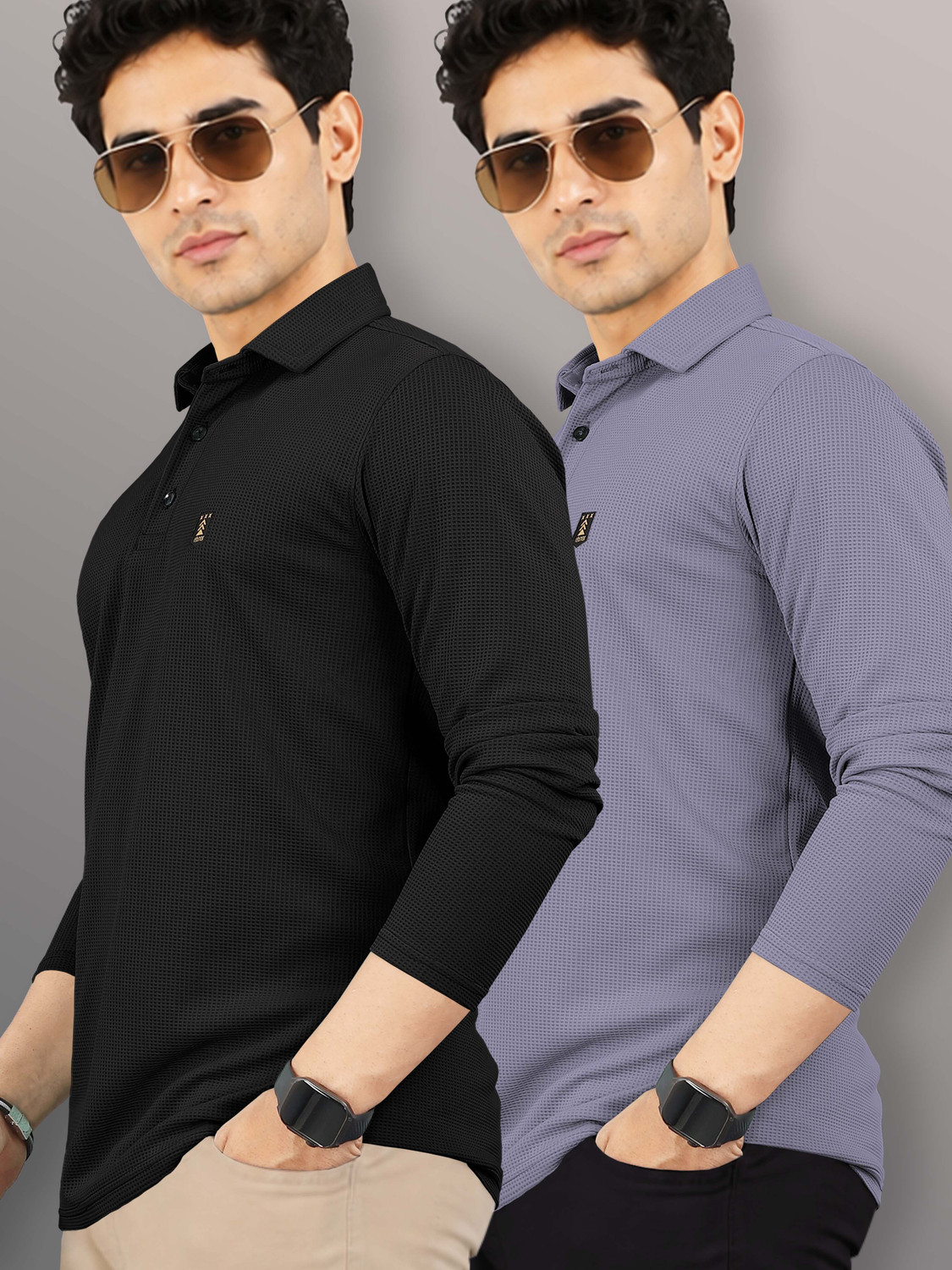 Image of VeBNoR Self Design Men Polo Neck Black, Grey T-Shirt