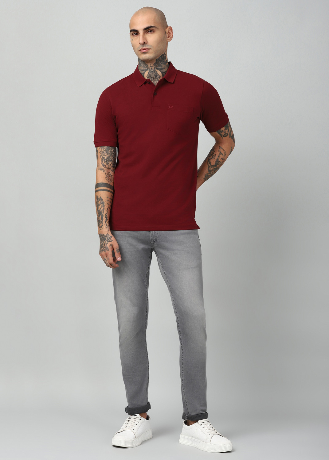 Image of PETER ENGLAND Solid Men Polo Neck Maroon T-Shirt