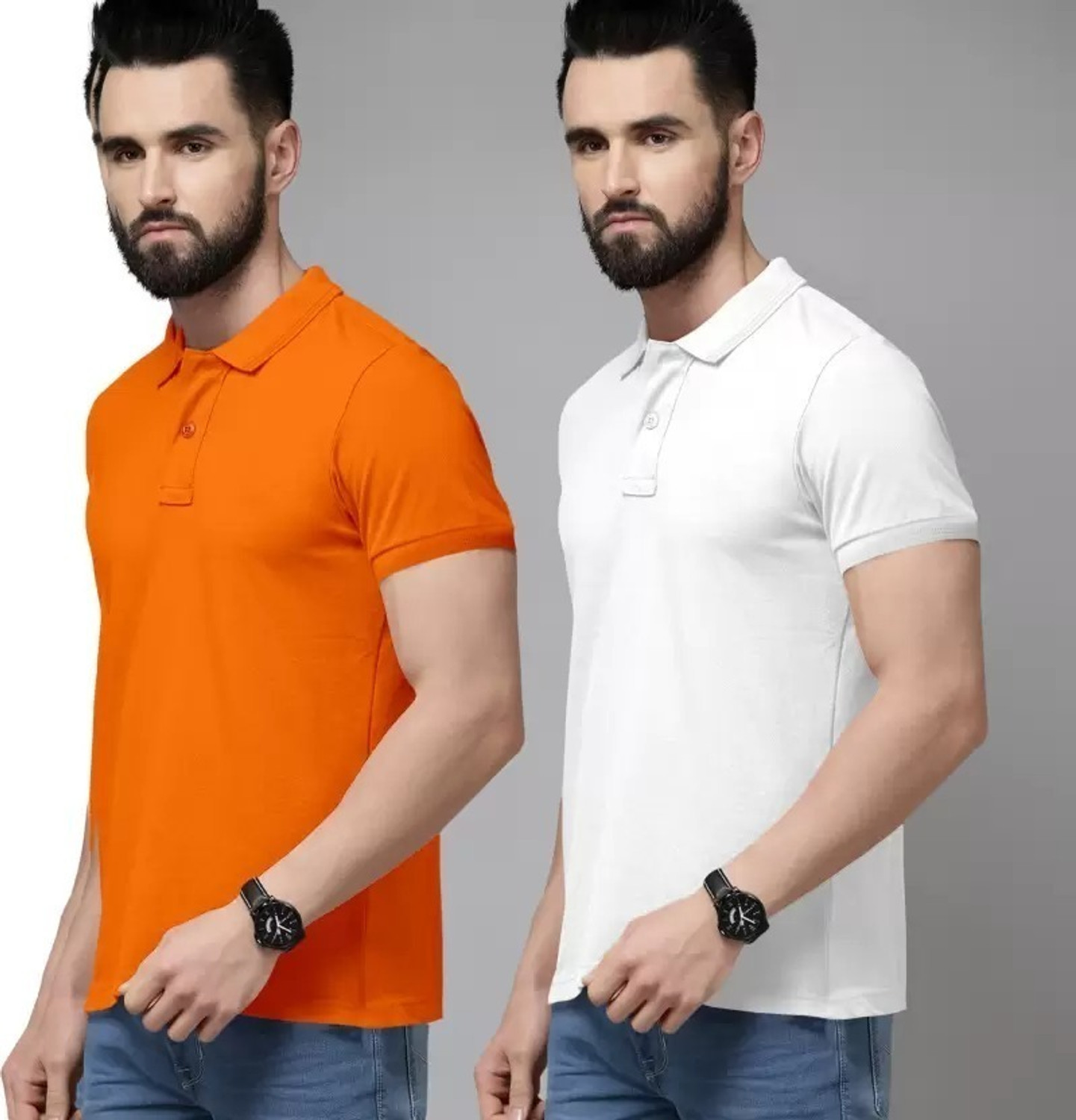 Image of balker merka Solid Men Polo Neck White, Orange T-Shirt