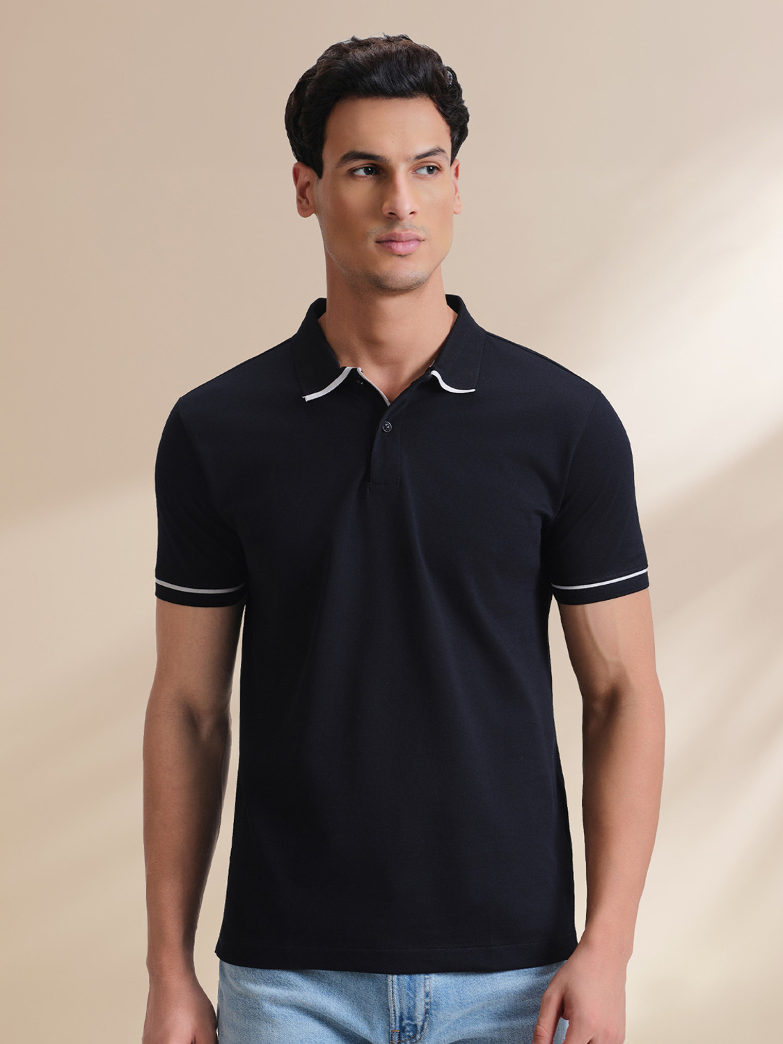 Image of XYXX Solid Men Polo Neck Black T-Shirt