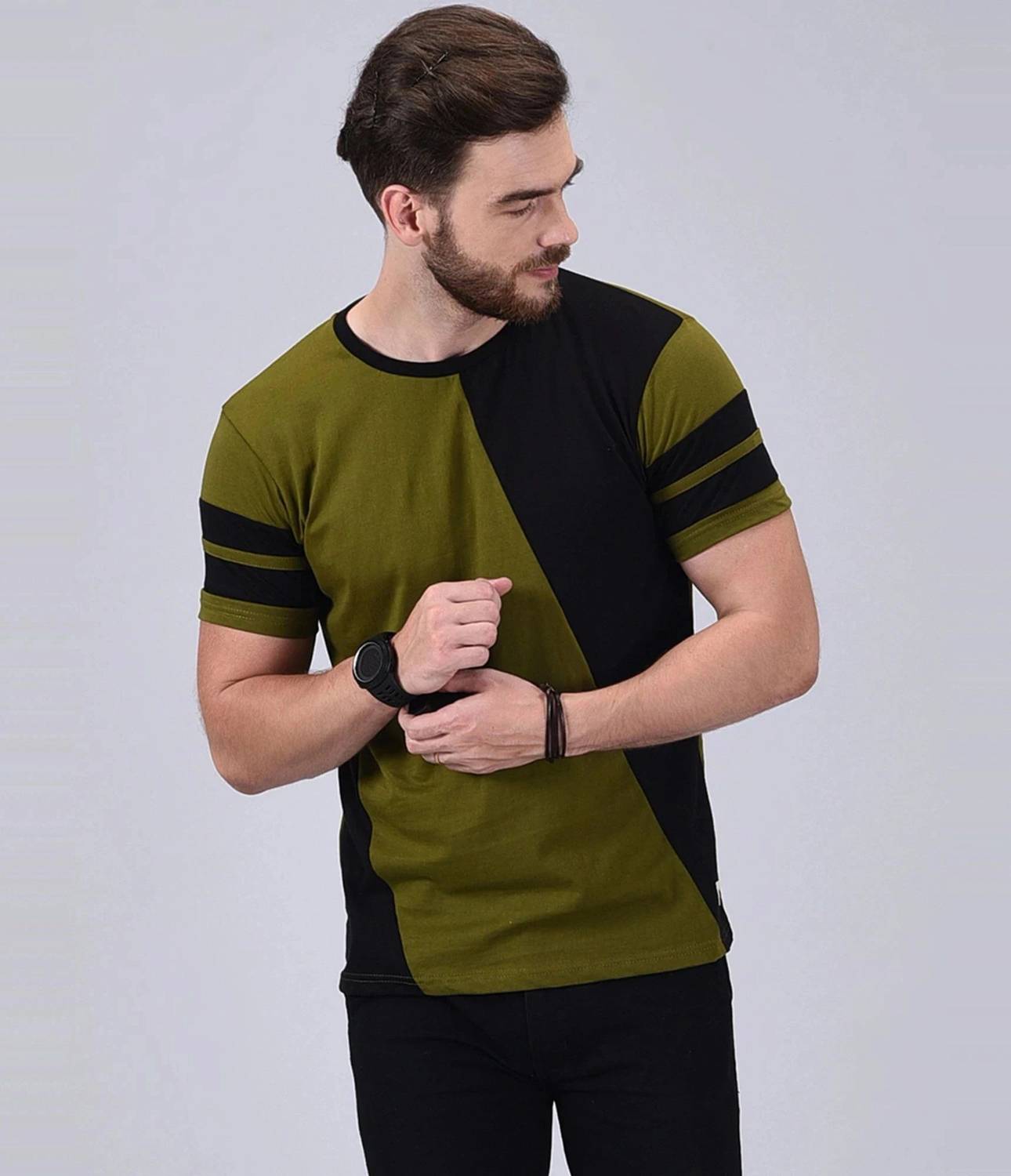 Wrath Men Colorblock Round Neck Pure Cotton Green, Black T-Shirt