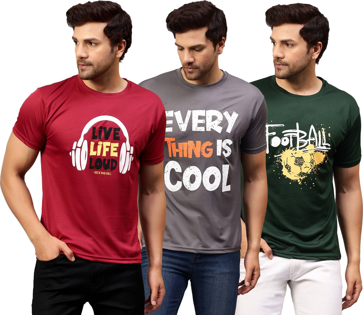 Garmin Pack of 3 Men Printed Round Neck Polyester Multicolor T-Sh