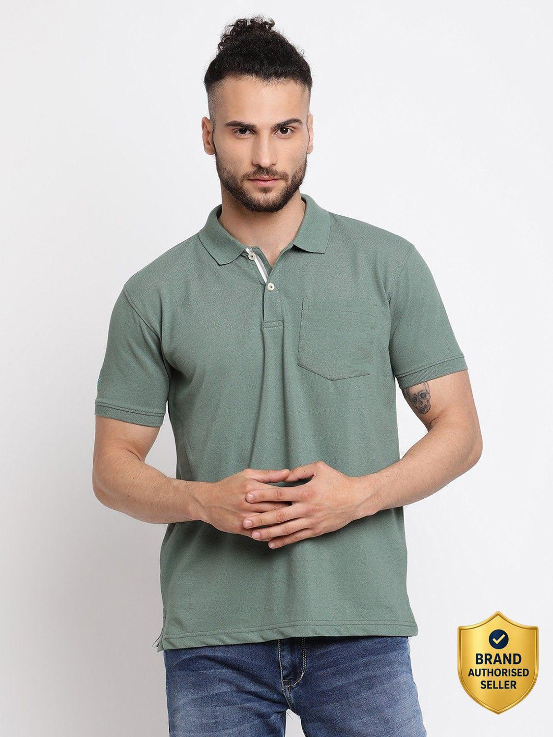 Image of CANTABIL Solid Men Polo Neck Green T-Shirt