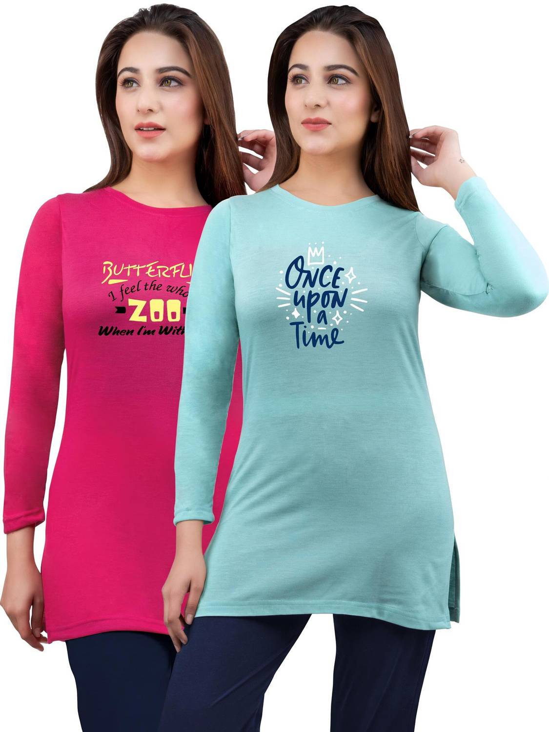 AMAHA Printed Women Round Neck Light Blue, Pink T-Shirt