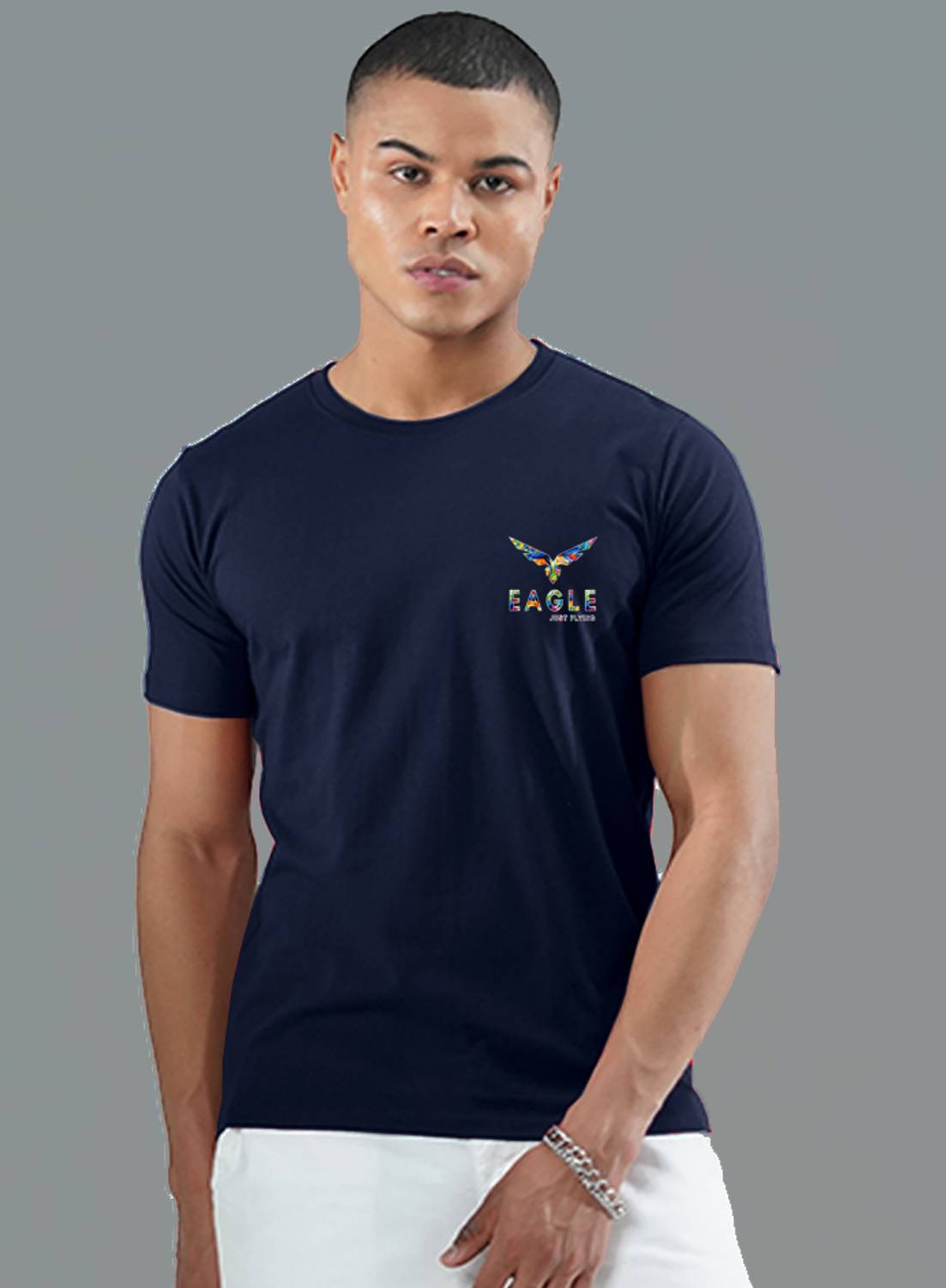 ALONE EAGLE Printed Men Round Neck Dark Blue T-Shirt