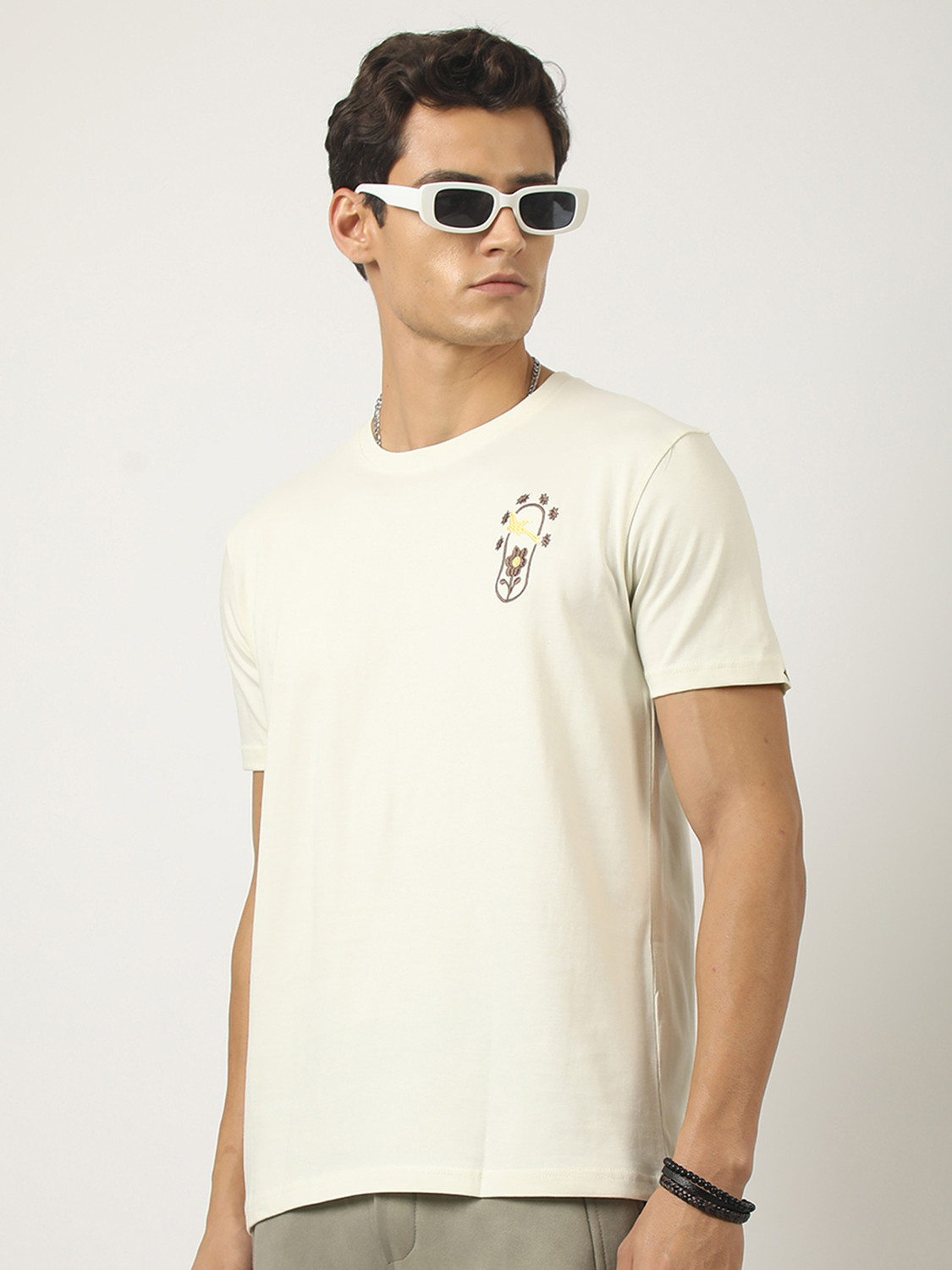 Image of MANIAC Printed Men Round Neck White, Brown T-Shirt