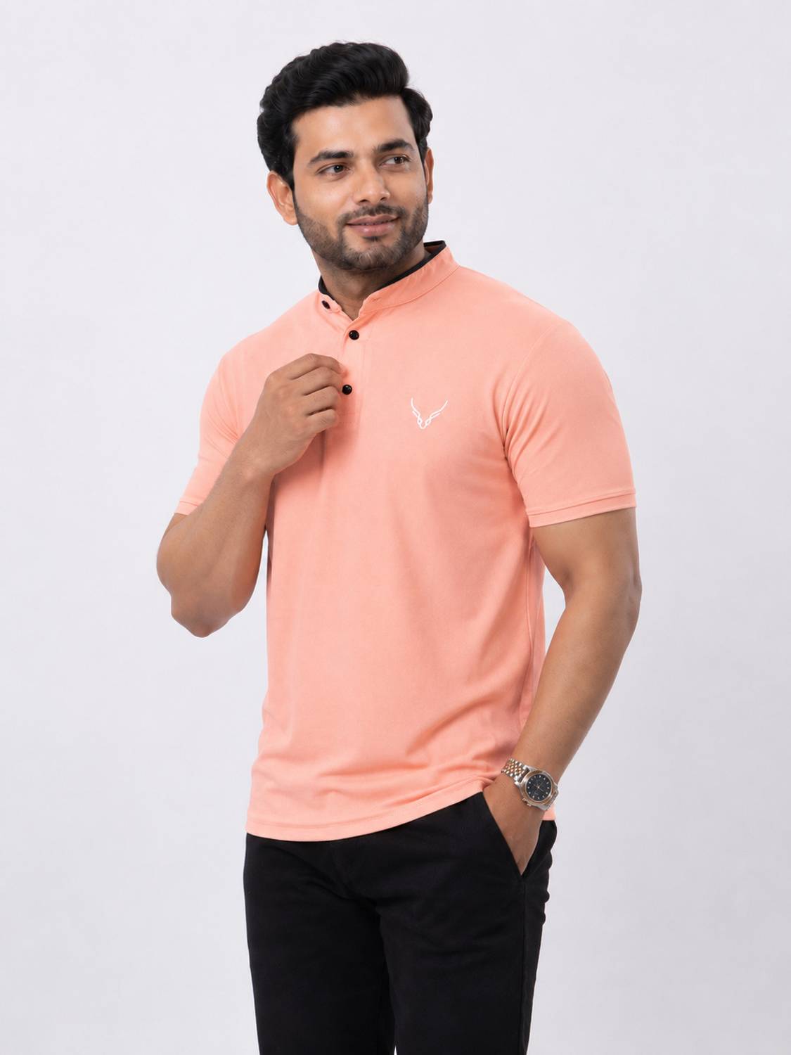 AVRIE Solid Men Mandarin Collar Pink T-Shirt