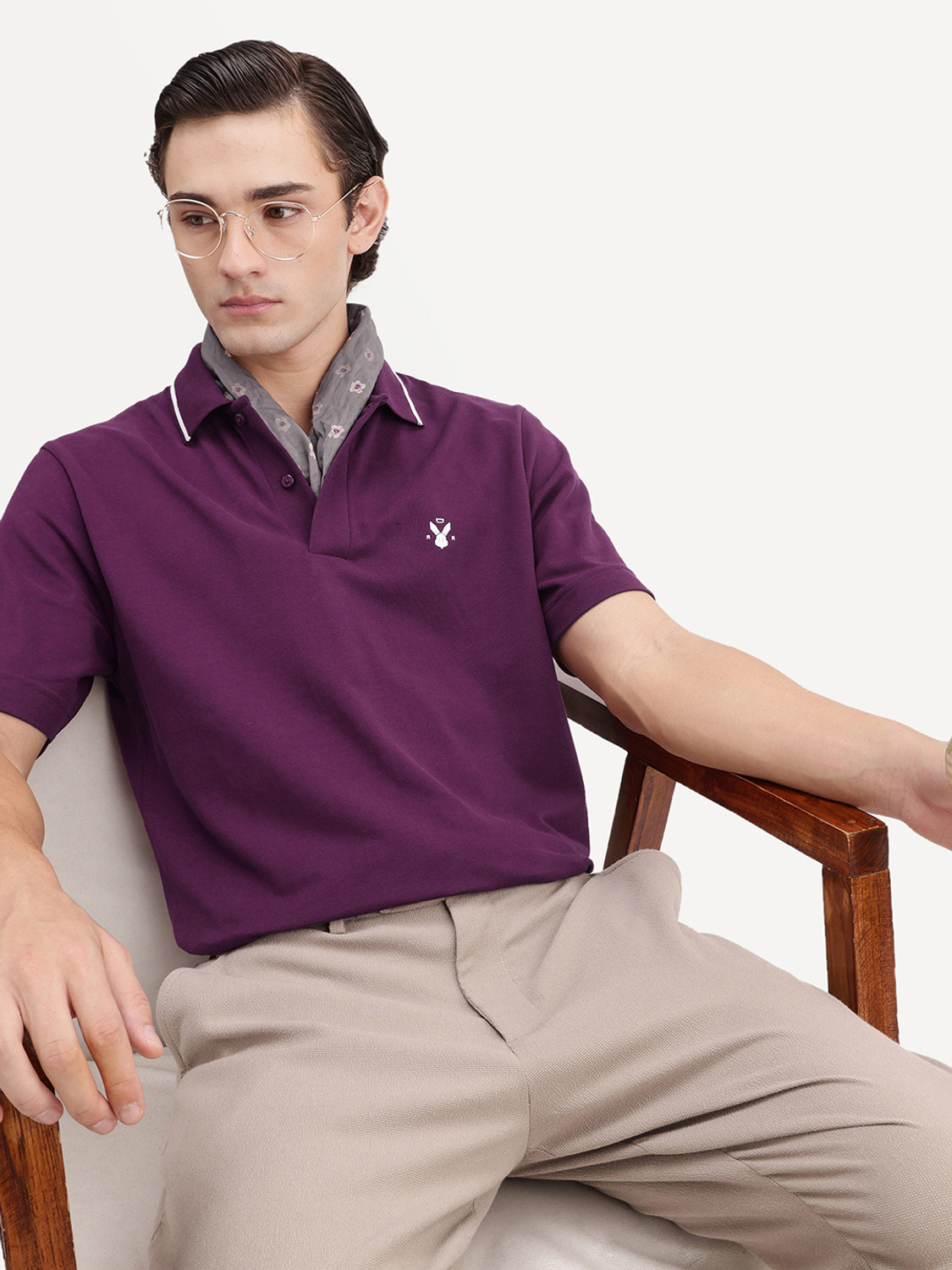 Image of RARE RABBIT Solid Men Polo Neck Purple T-Shirt