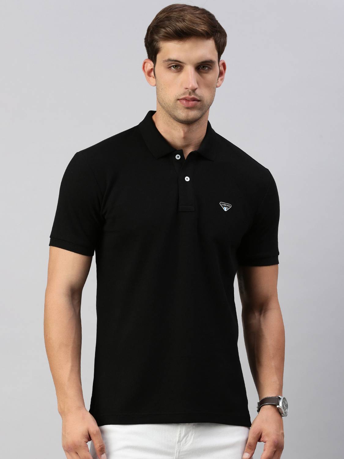 Classic Polo Men Solid Polo Neck Cotton Blend Black T-Shirt
