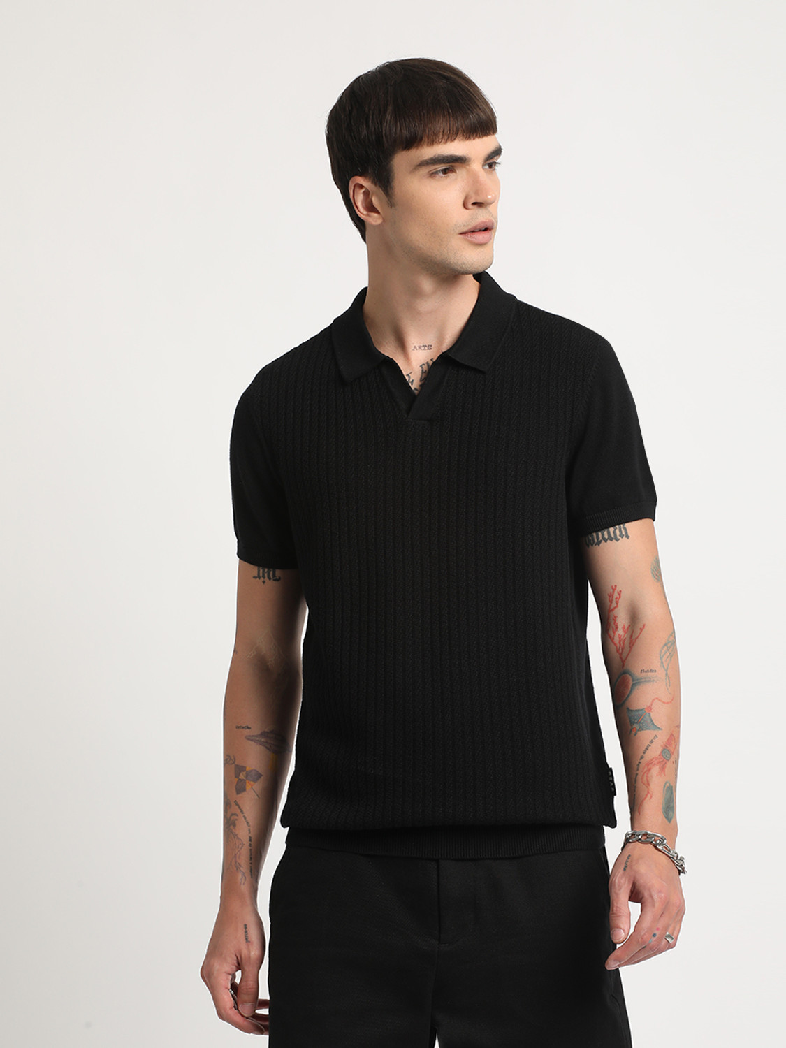 Image of THE BEAR HOUSE Self Design Men Polo Neck Black T-Shirt
