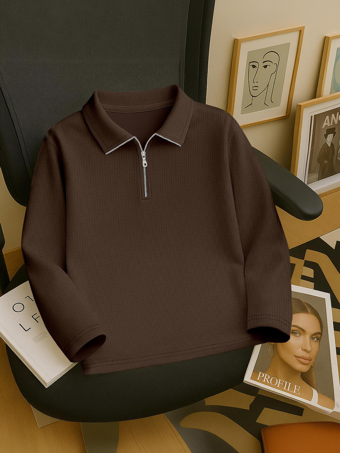 Image of KAJARU Self Design Men Polo Neck Brown T-Shirt