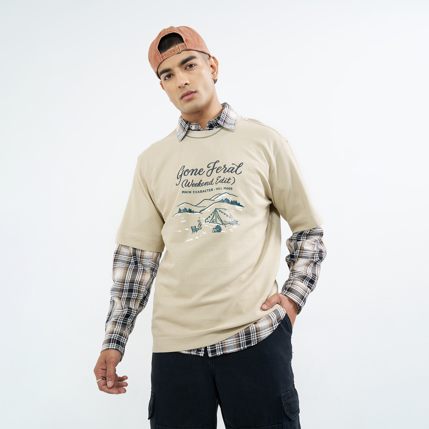 Image of SF Jeans by Pantaloons Men Embroidered Round Neck Pure Cotton Beige T-Shirt