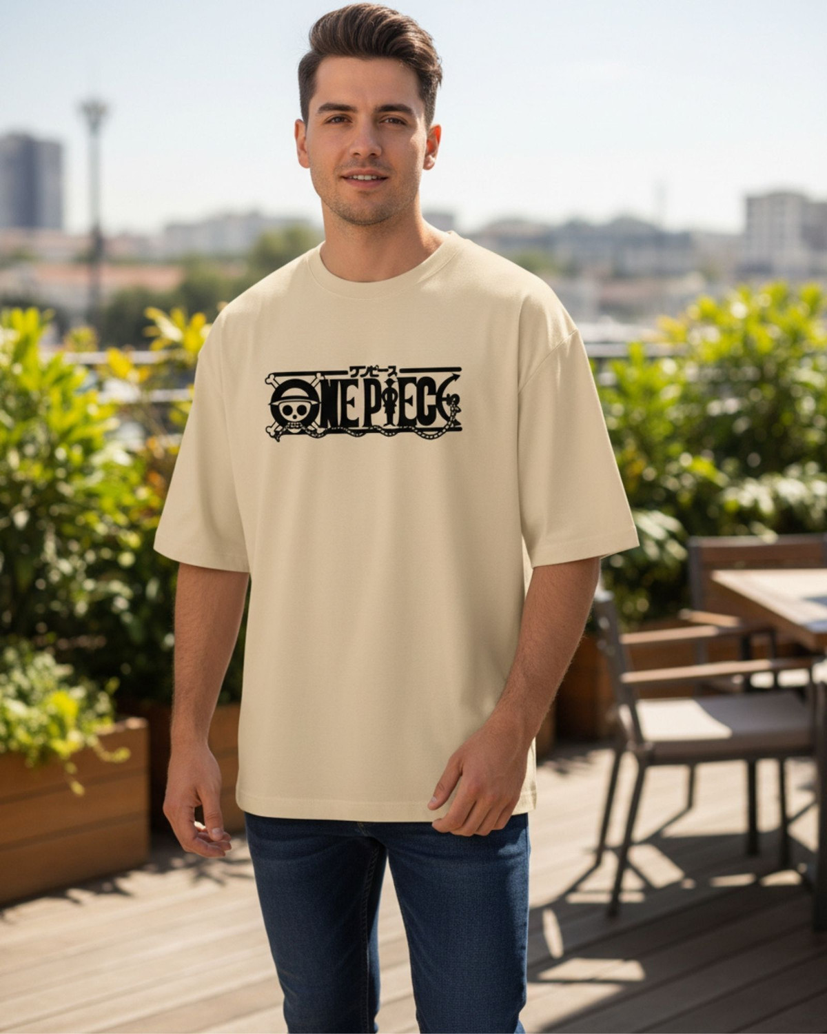 Image of FLYIND VOGUE OUTFIT Graphic Print Men Round Neck Beige T-Shirt