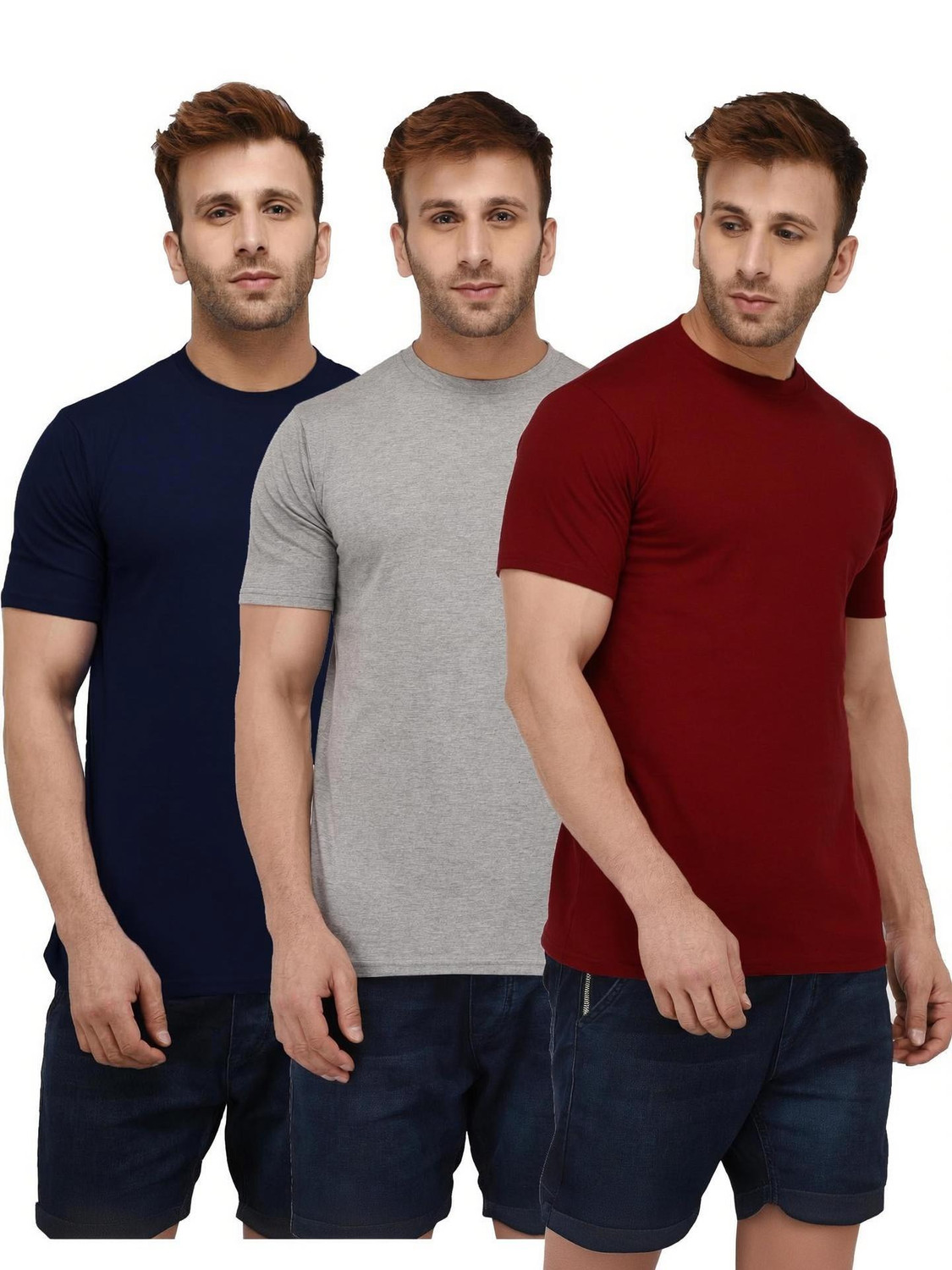 London Hills Solid Men Round Neck Dark Blue, Maroon, Grey T-Shirt
