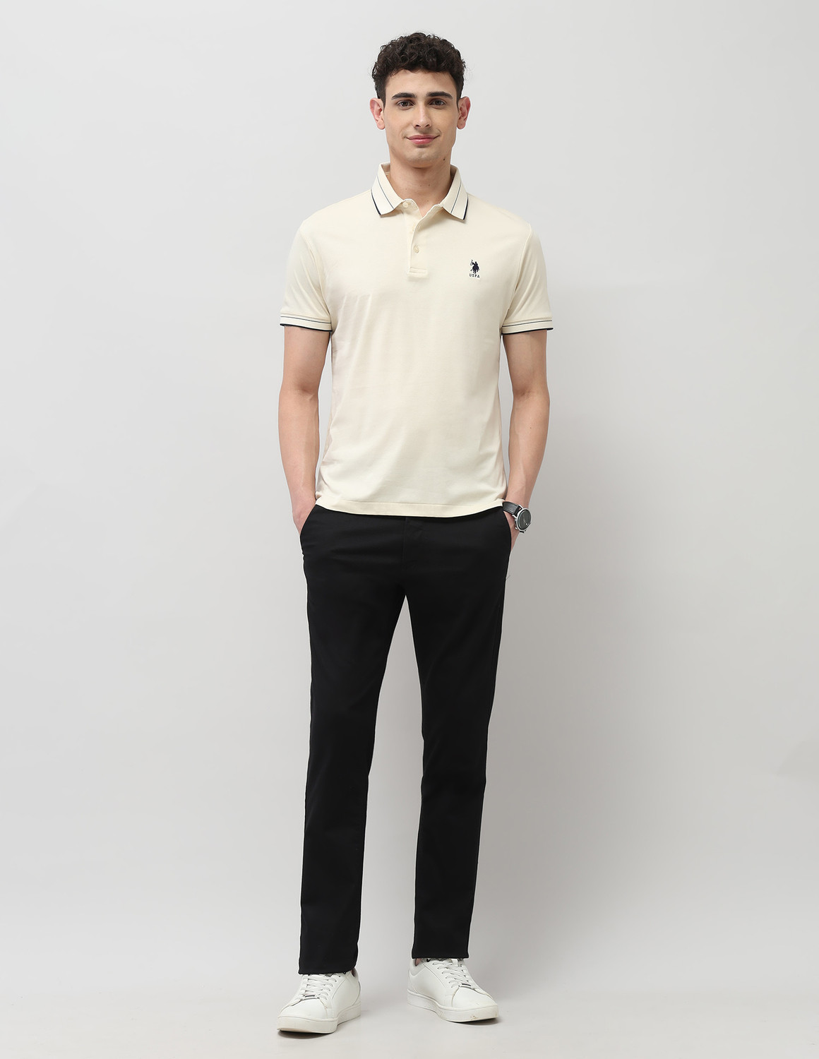 Image of U.S. POLO ASSN. Solid Men Polo Neck Beige T-Shirt