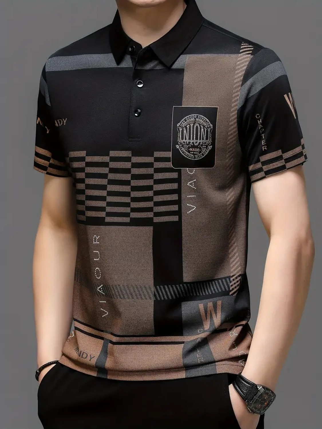 Image of NAUGHTY MEN Printed Men Polo Neck Black, Beige T-Shirt
