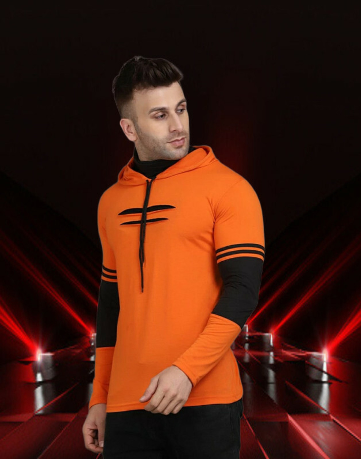 Image of Panda Bear Men Colorblock Hooded Neck Cotton Blend Orange T-Shirt
