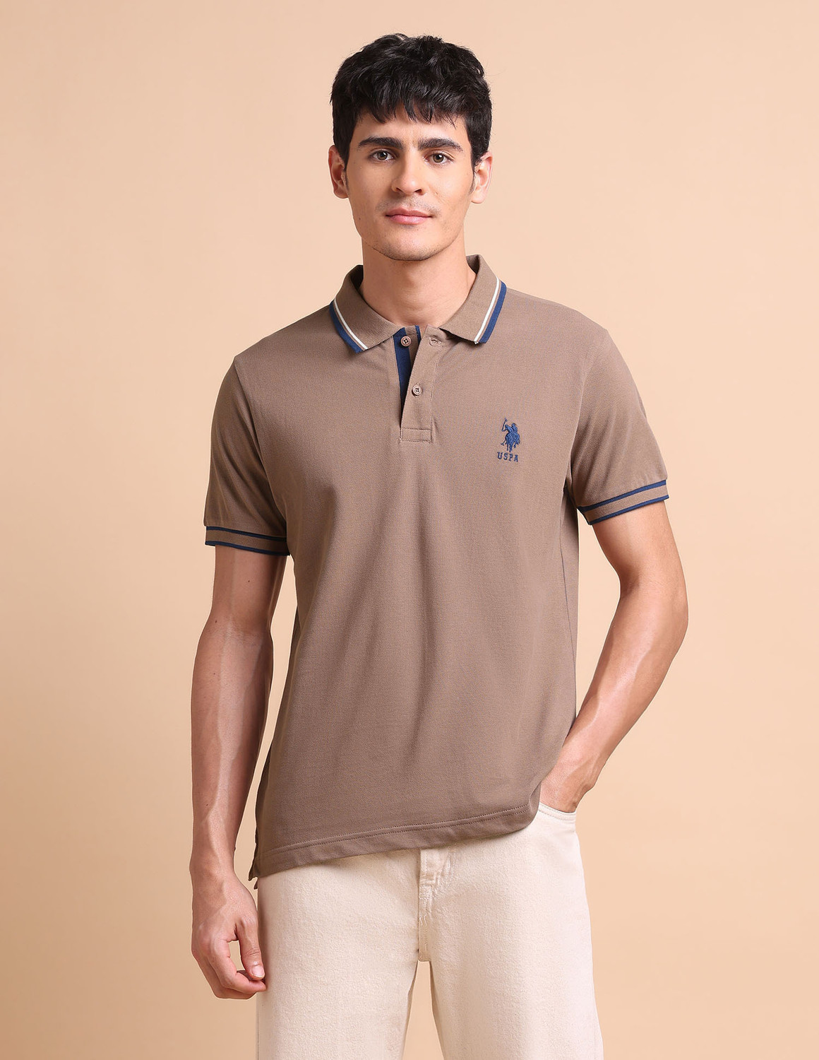Image of U.S. POLO ASSN. Solid Men Polo Neck Brown T-Shirt