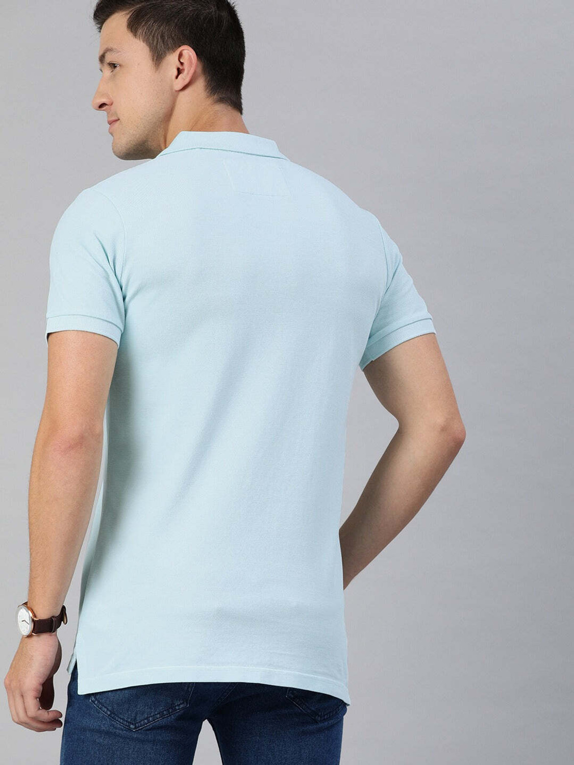 Image of THE BEAR HOUSE Solid Men Polo Neck Blue T-Shirt
