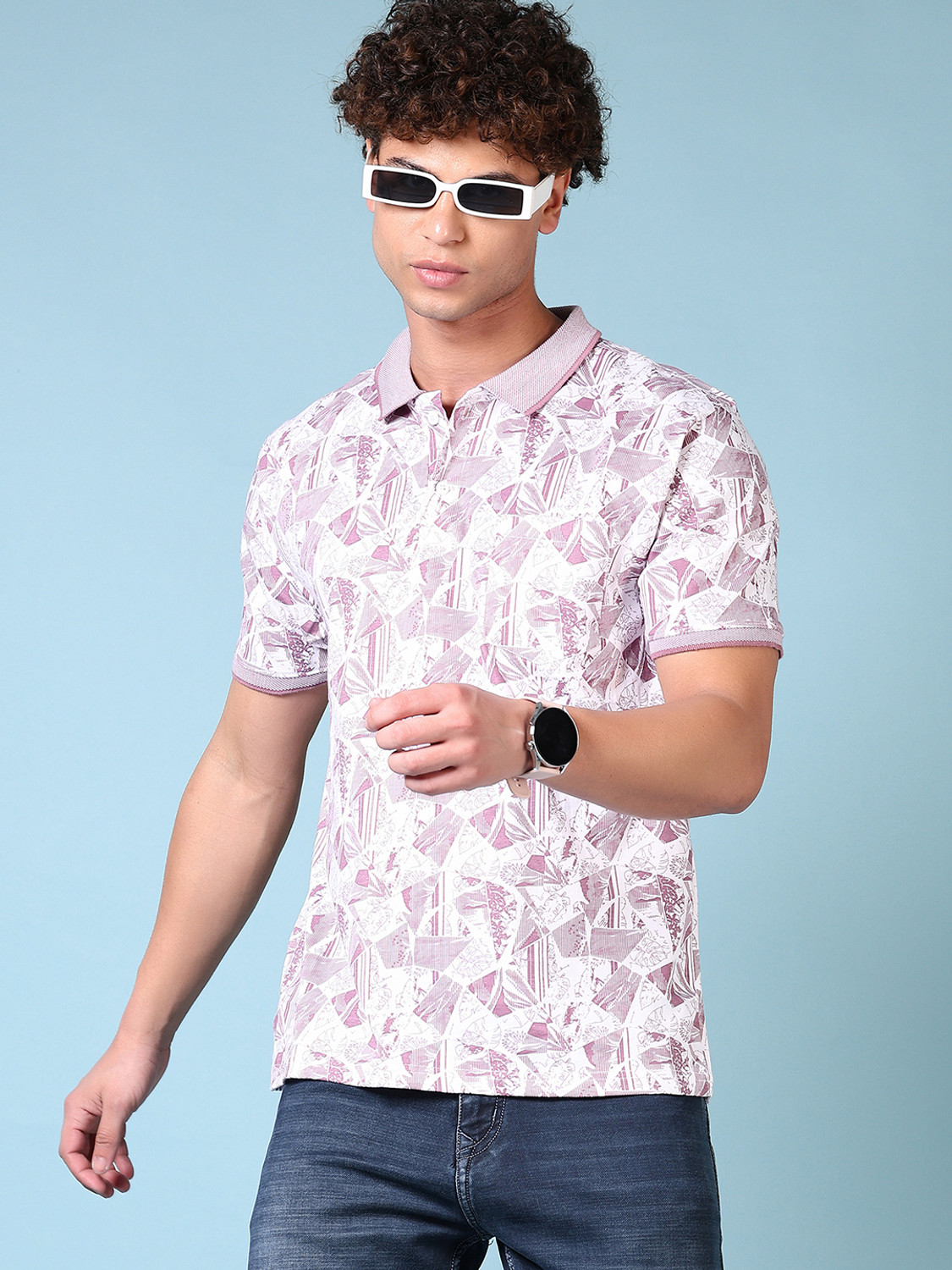 Image of V-MART Printed Men Polo Neck Purple T-Shirt