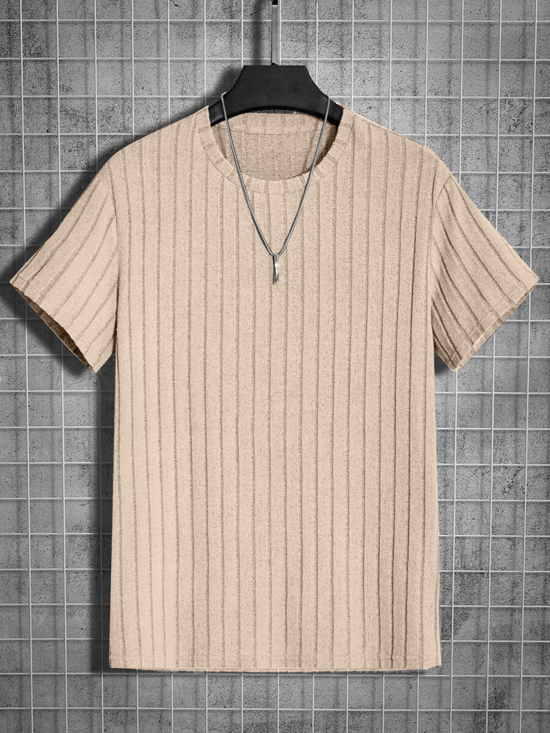 Image of KAJARU Striped Men Round Neck Beige T-Shirt