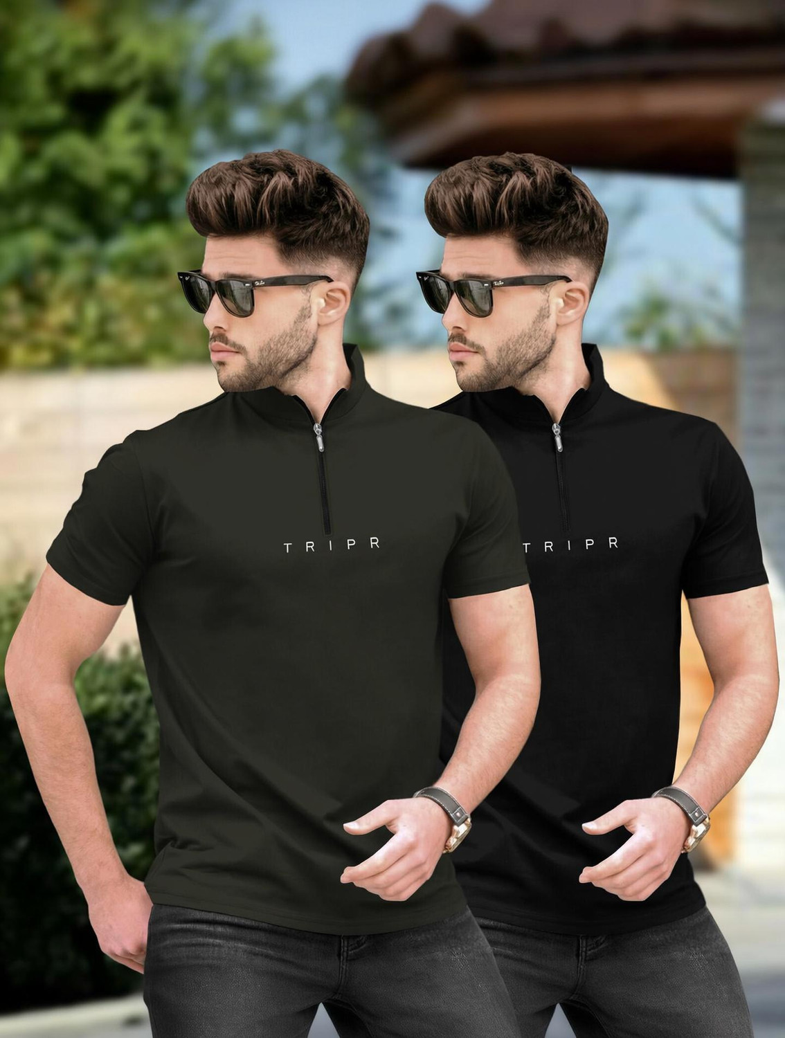 Image of TRIPR Solid Men Henley Neck Dark Green, Black T-Shirt
