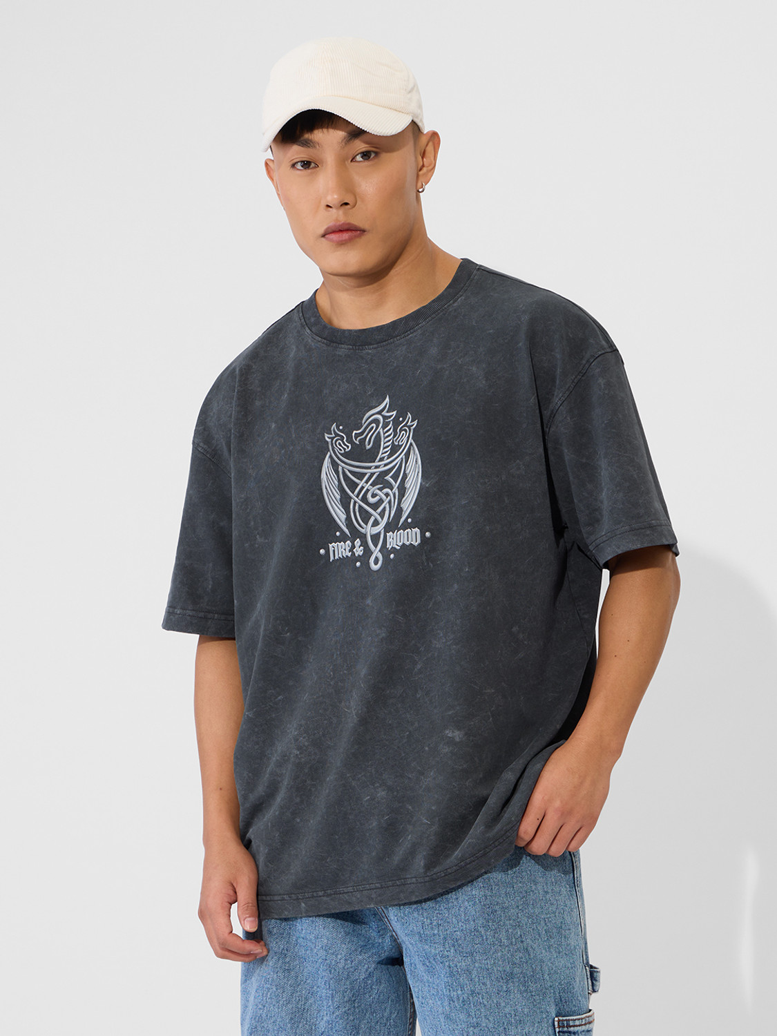 Image of The Souled Store Graphic Print Men Round Neck Grey T-Shirt