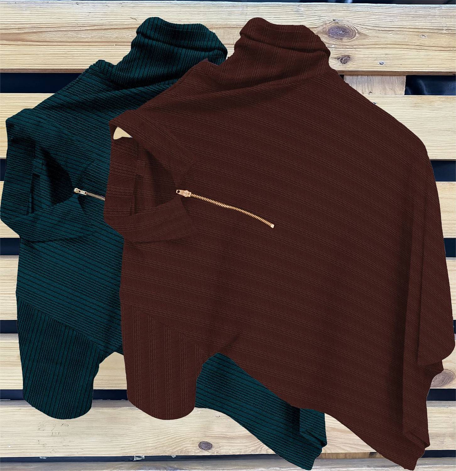 KAJARU Pack of 2 Men Striped Zip Neck Polyester Dark Green, Brown