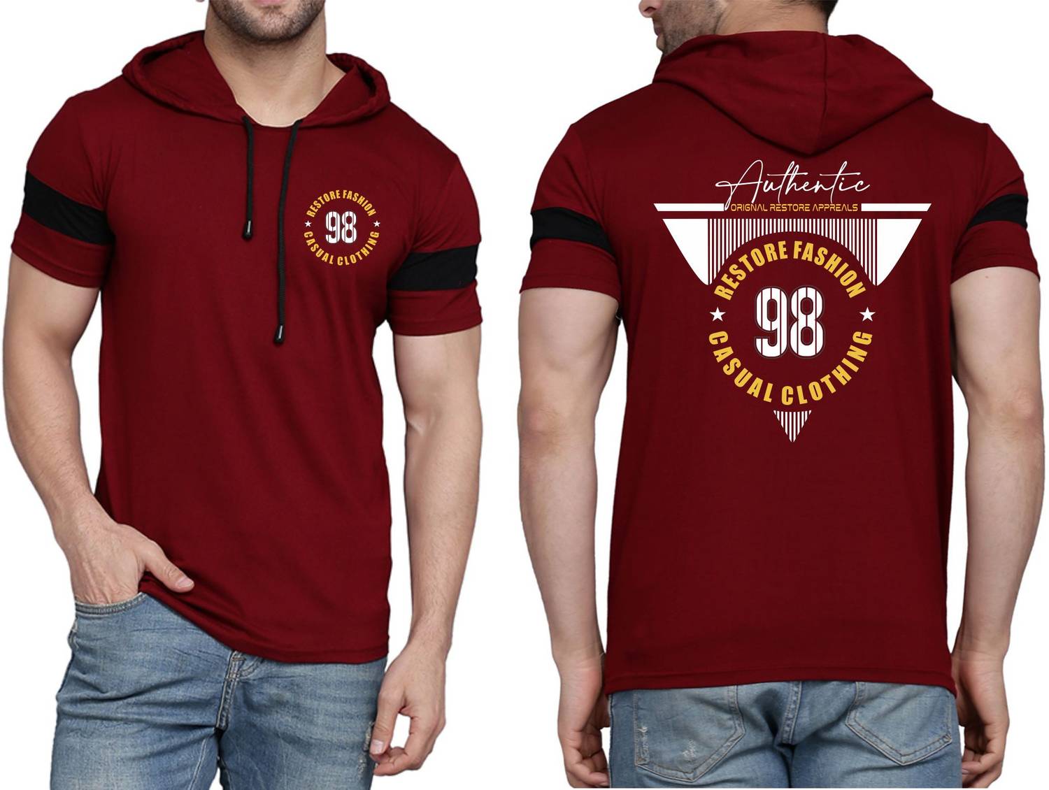 WOOSTRO Men Printed Hooded Neck Cotton Blend Maroon T-Shirt