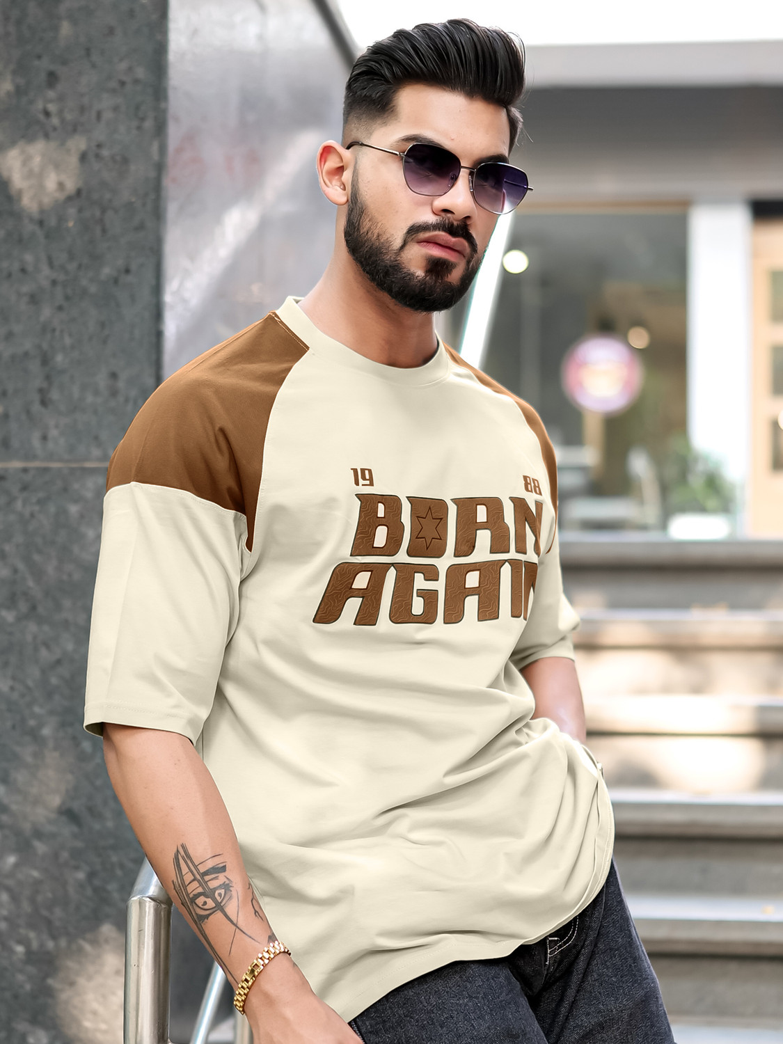 Image of MANIAC Printed Men Round Neck Beige T-Shirt