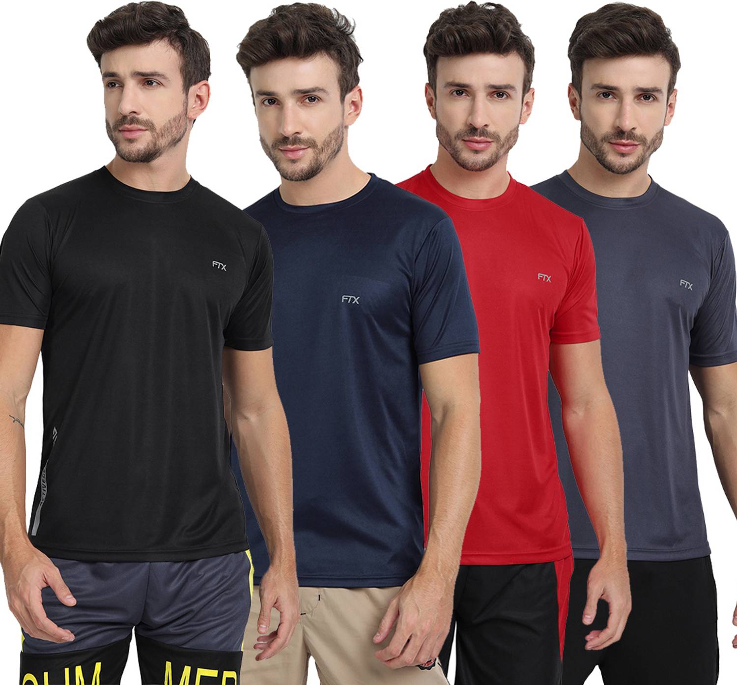 FTX Pack of 4 Men Solid Round Neck Polyester Multicolor T-Shirt