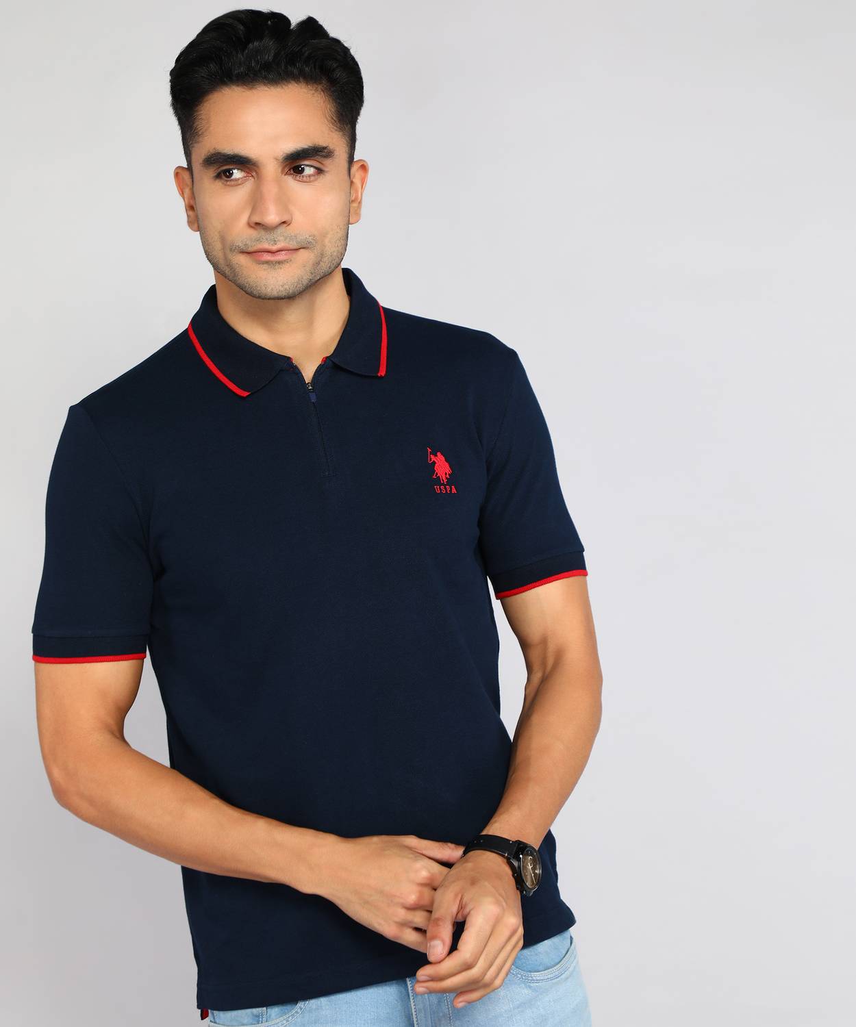 U.S. POLO ASSN. Men Solid Polo Neck Pure Cotton Blue T-Shirt