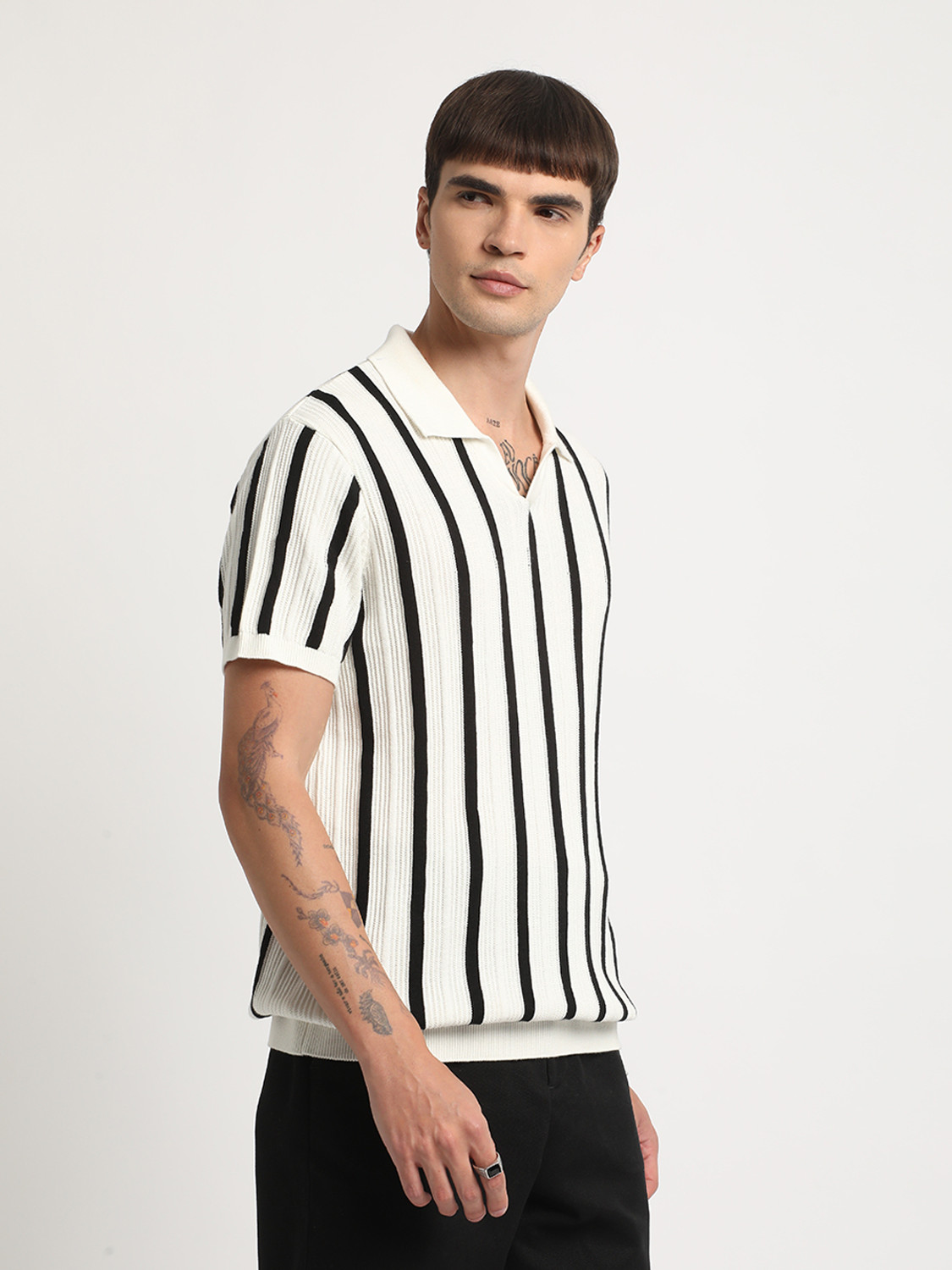 Image of THE BEAR HOUSE Striped Men Polo Neck White T-Shirt